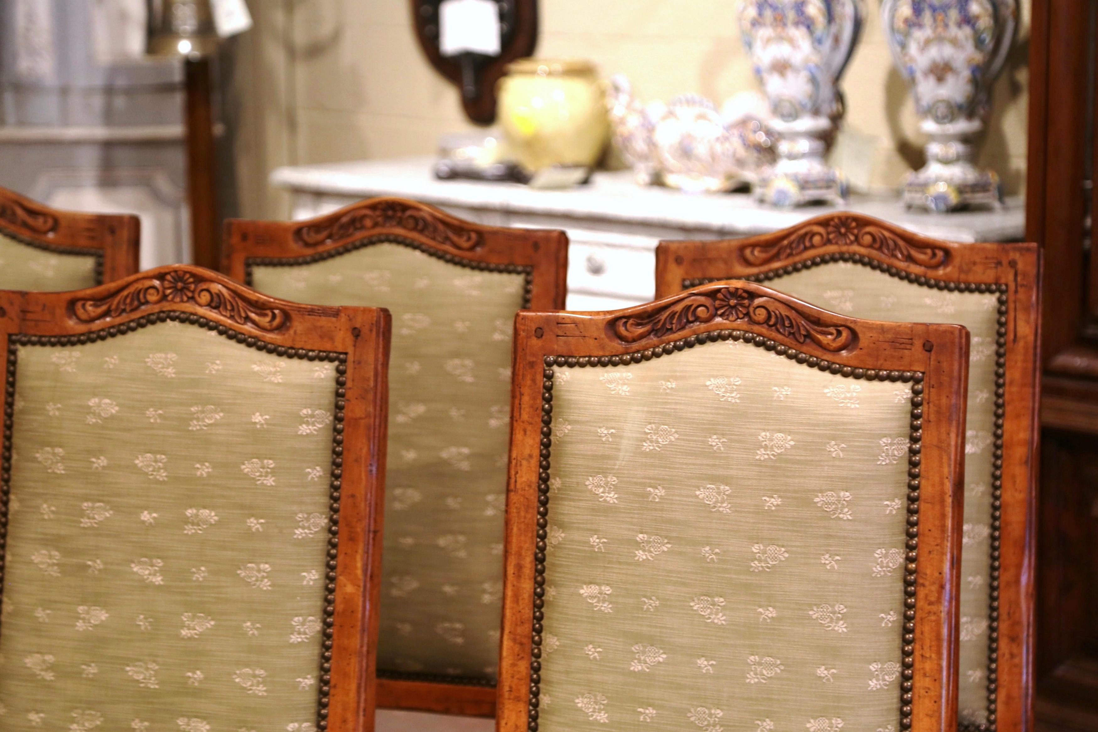 Late 20th Century Vintage Set of Six French Louis XIII Carved and Distressed Walnut Dining Chairs