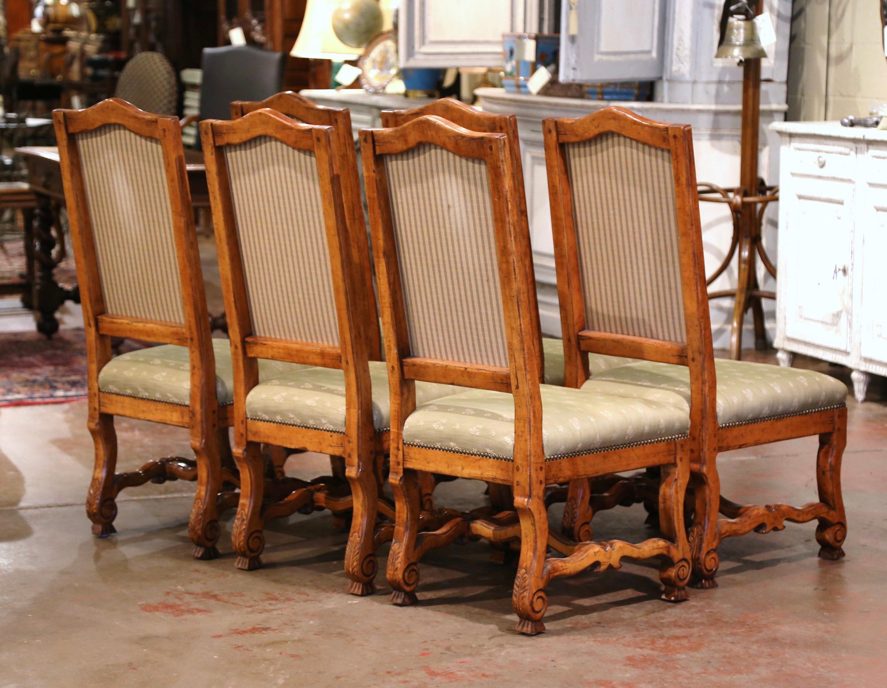 Fabric Vintage Set of Six French Louis XIII Carved and Distressed Walnut Dining Chairs