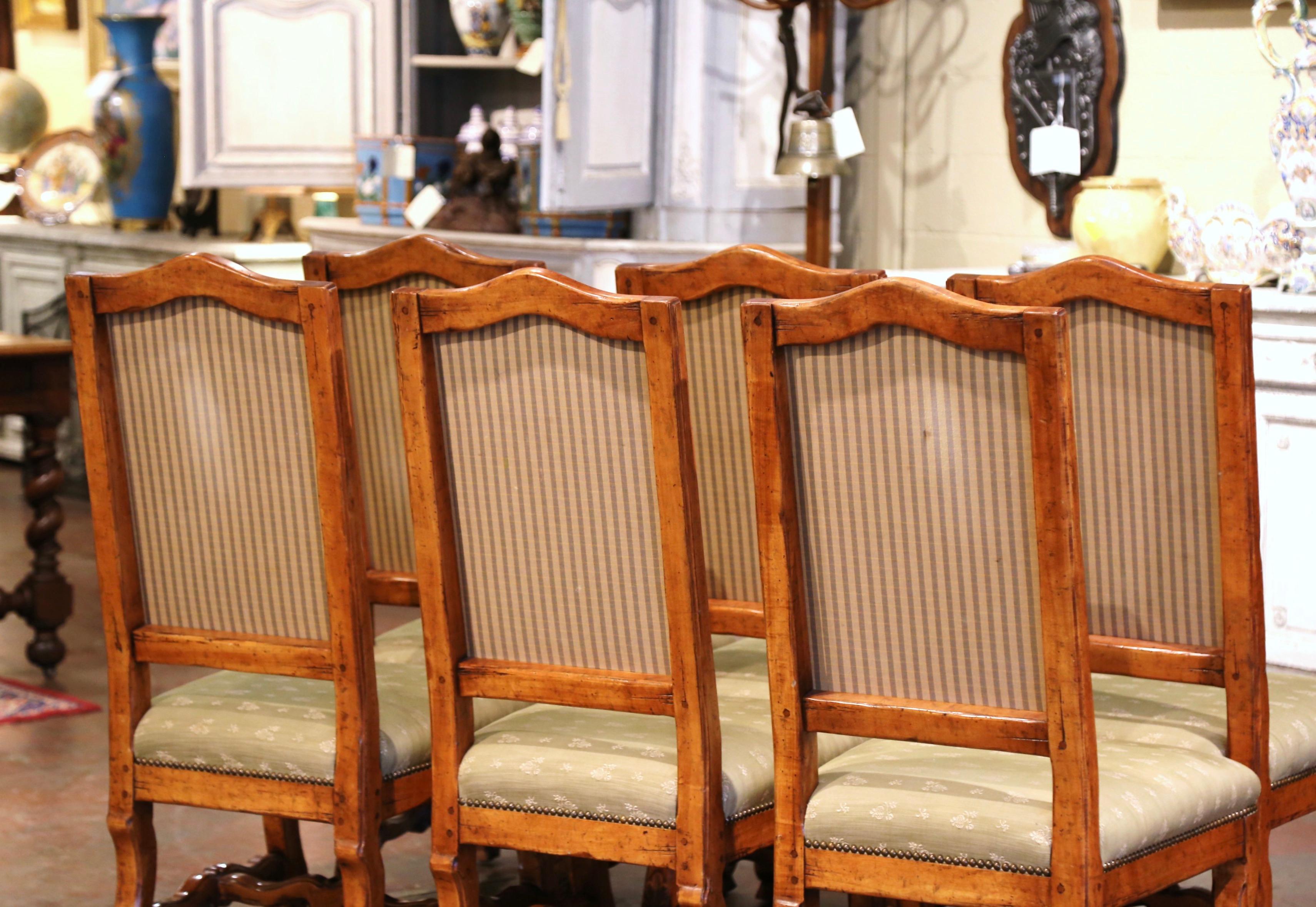 Vintage Set of Six French Louis XIII Carved and Distressed Walnut Dining Chairs 1