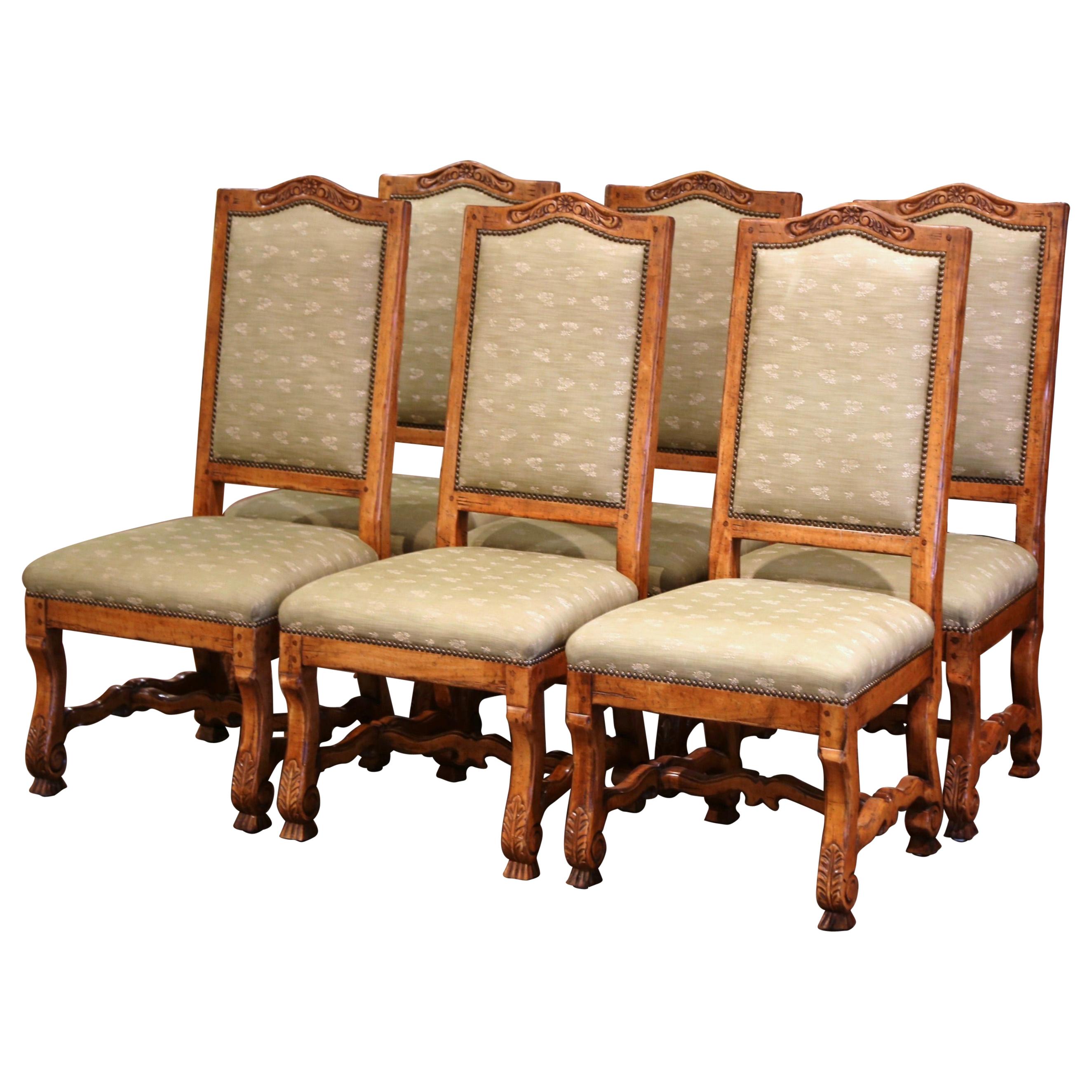 Vintage Set of Six French Louis XIII Carved and Distressed Walnut Dining Chairs
