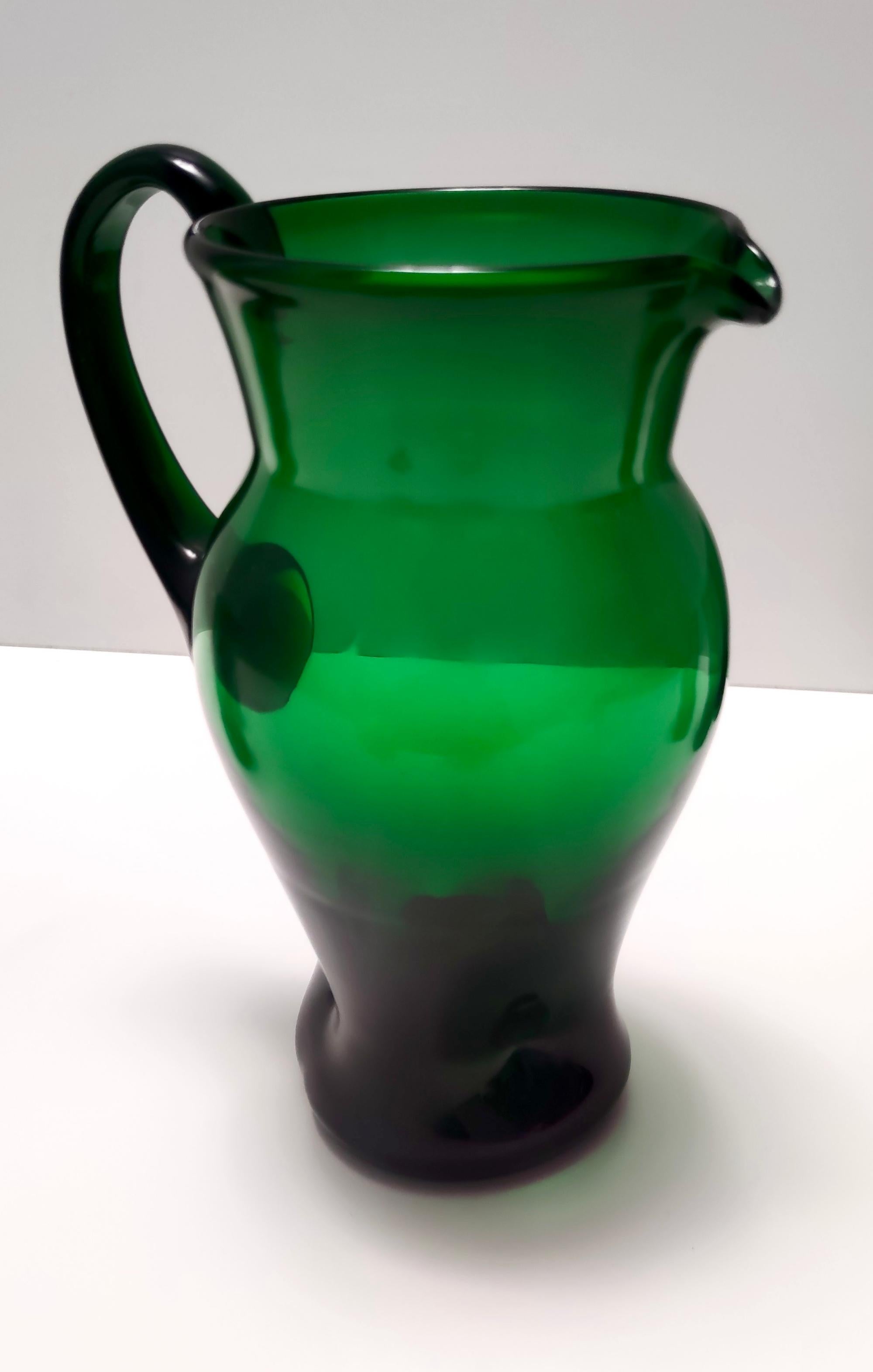 Vintage Set of Six Green Hand-Blown Glass Drinking Glasses and a Pitcher, Empoli For Sale 5