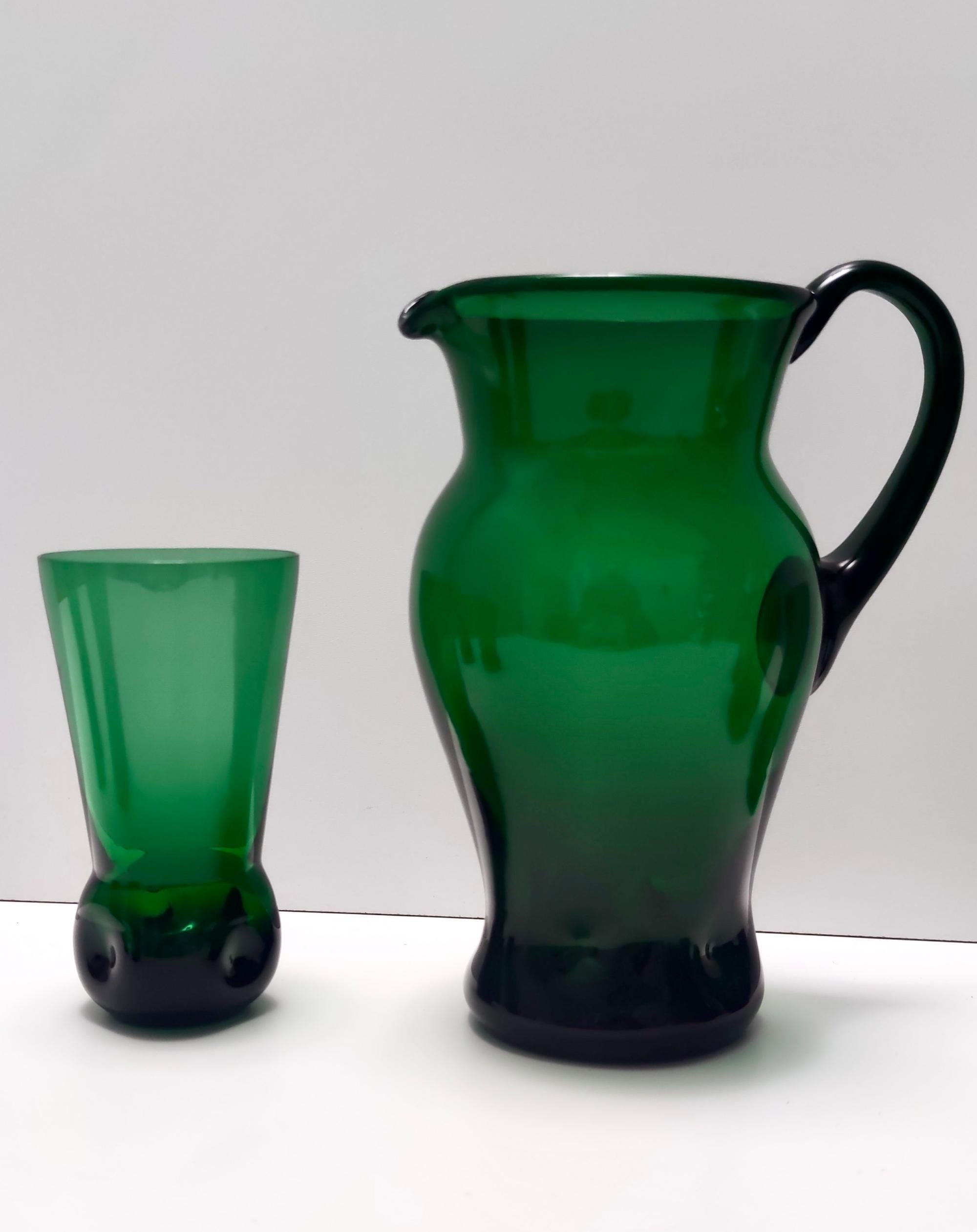 Italian Vintage Set of Six Green Hand-Blown Glass Drinking Glasses and a Pitcher, Empoli For Sale