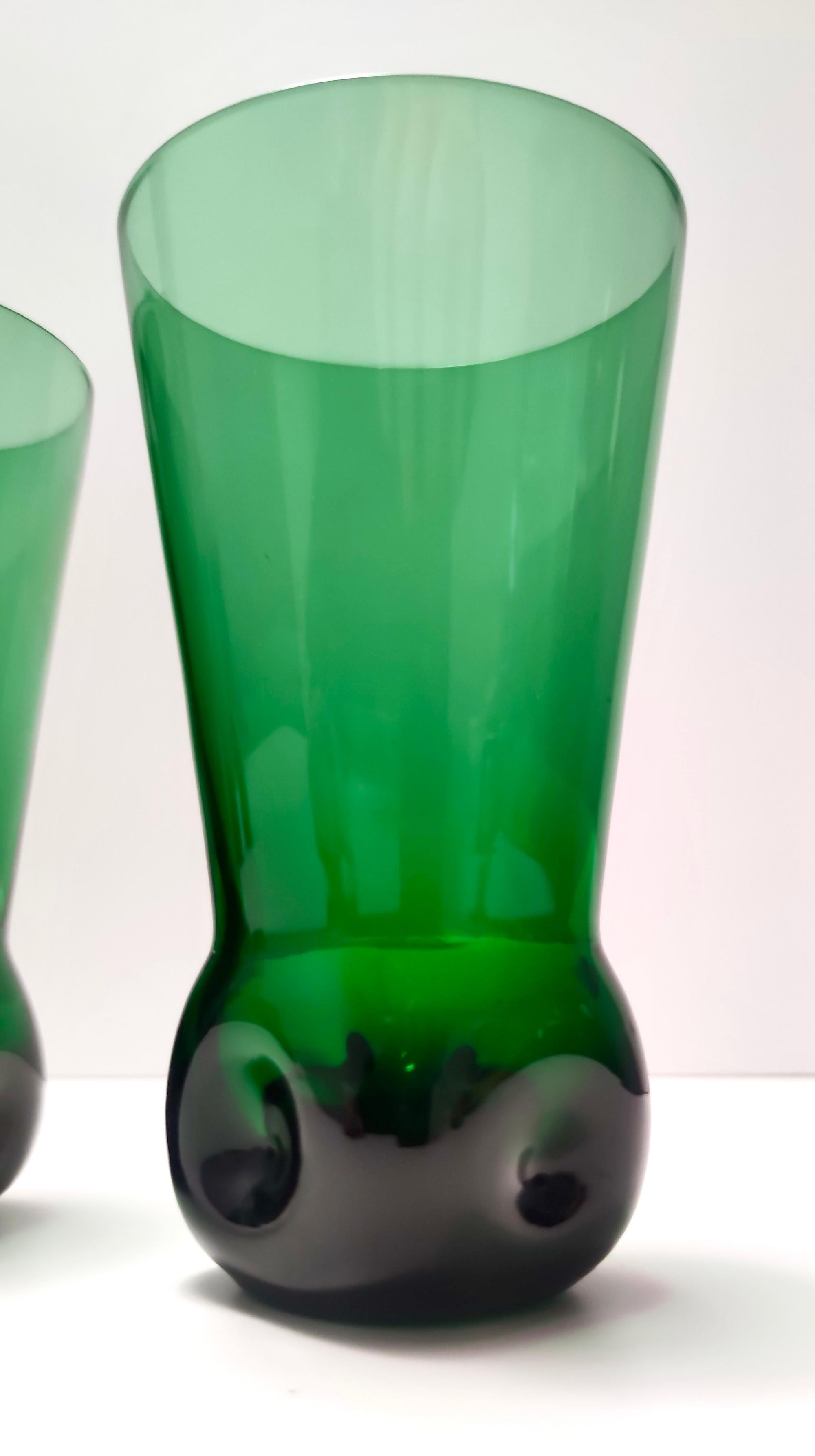 Mid-20th Century Vintage Set of Six Green Hand-Blown Glass Drinking Glasses and a Pitcher, Empoli For Sale