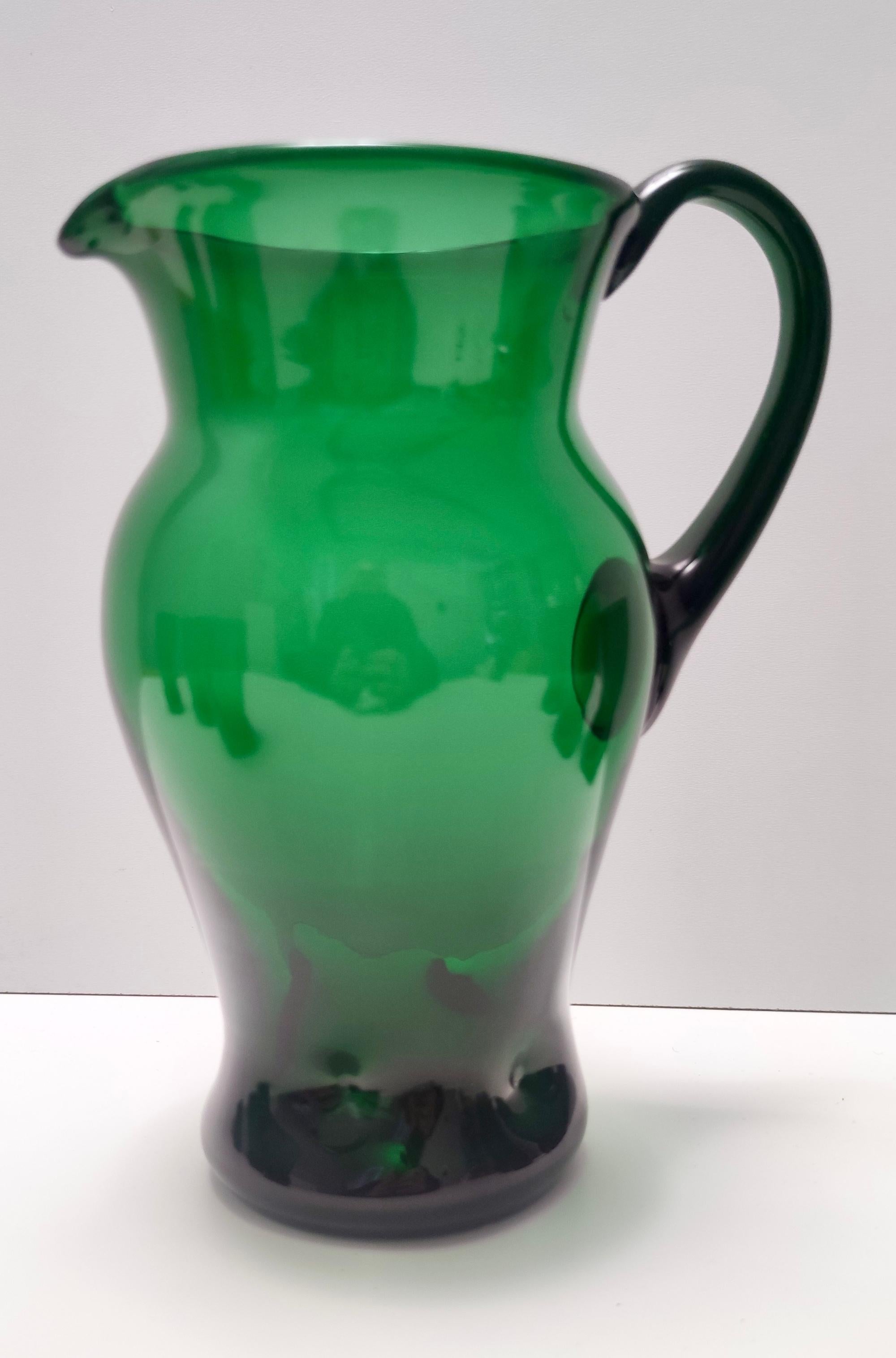 Vintage Set of Six Green Hand-Blown Glass Drinking Glasses and a Pitcher, Empoli For Sale 2