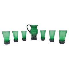 Vintage Set of Six Green Hand-Blown Glass Drinking Glasses and a Pitcher, Empoli