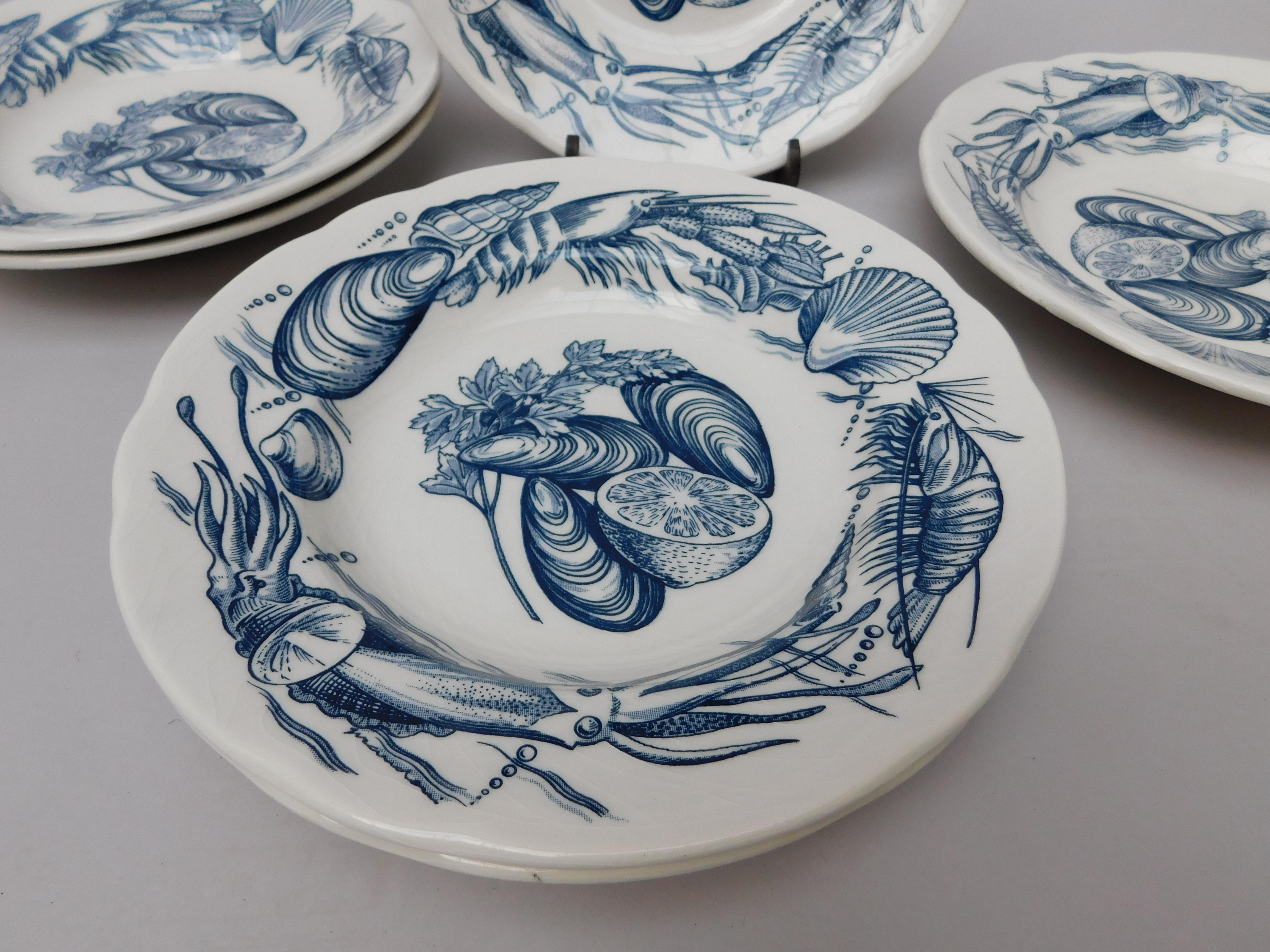 British Vintage Set of Six Ironstone Soup Bowls with Shellfish Decoration in Blue