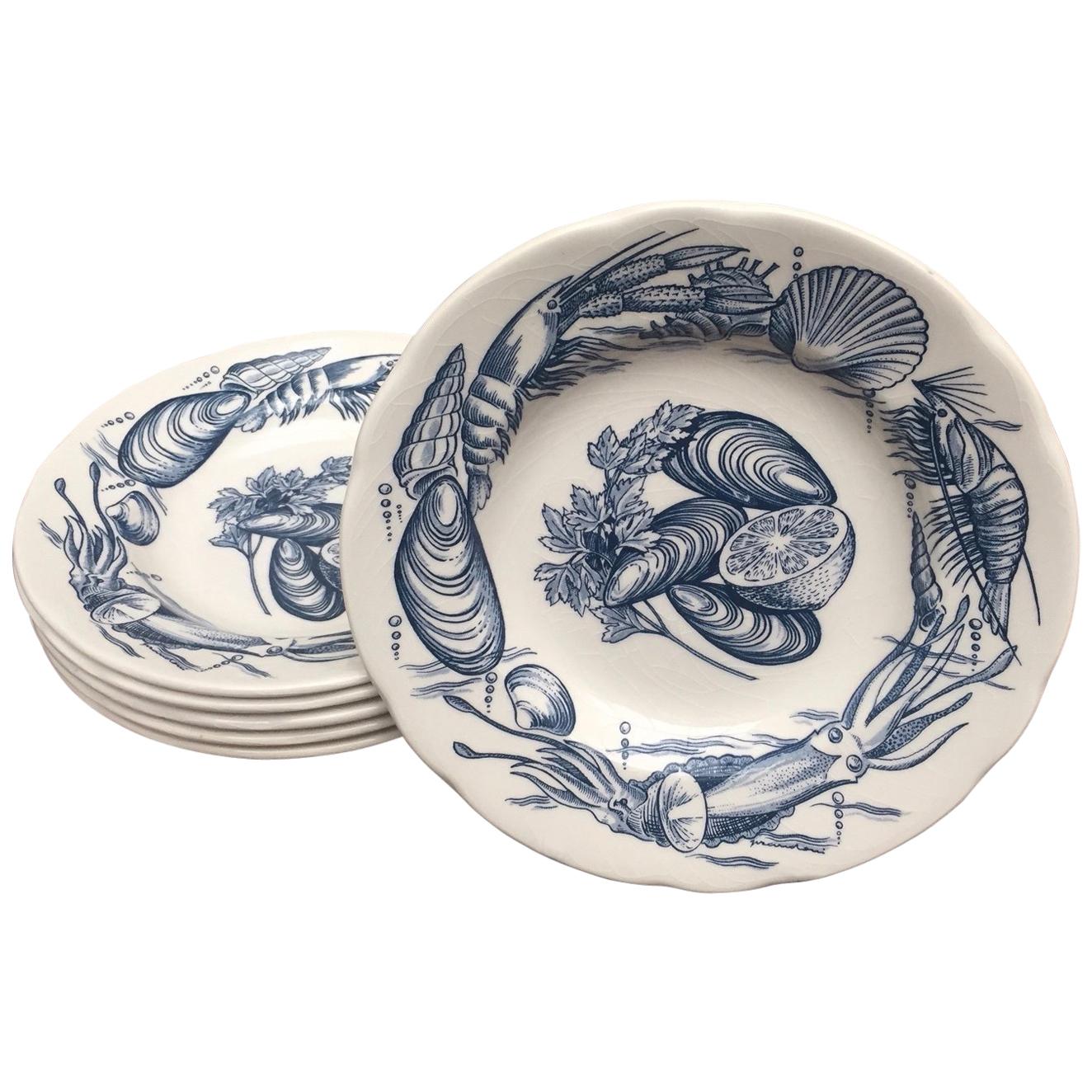 Vintage Set of Six Ironstone Soup Bowls with Shellfish Decoration in Blue