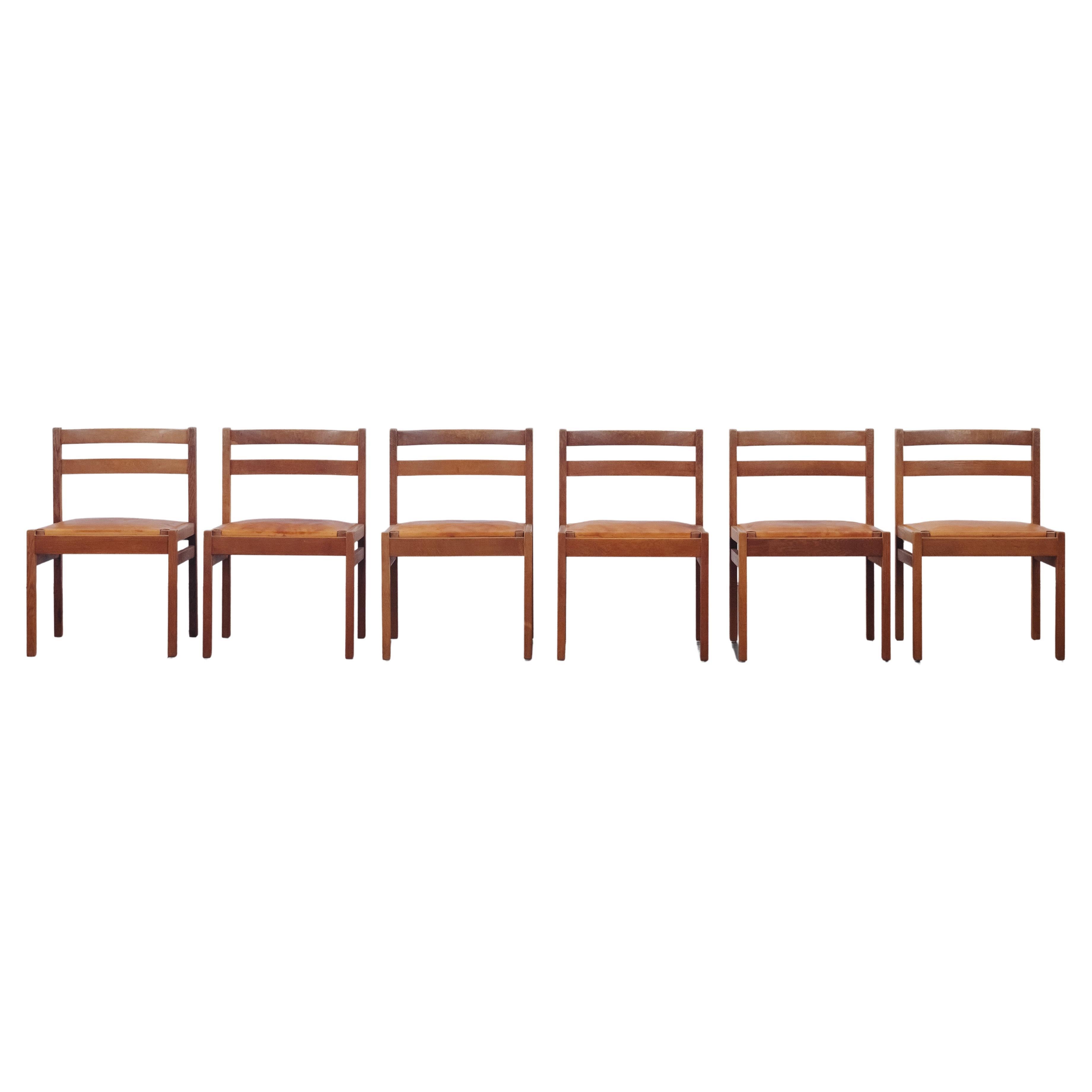 Vintage Set Of Six Leather and Oak Dining Room Chairs From Denmark, Circa 1970