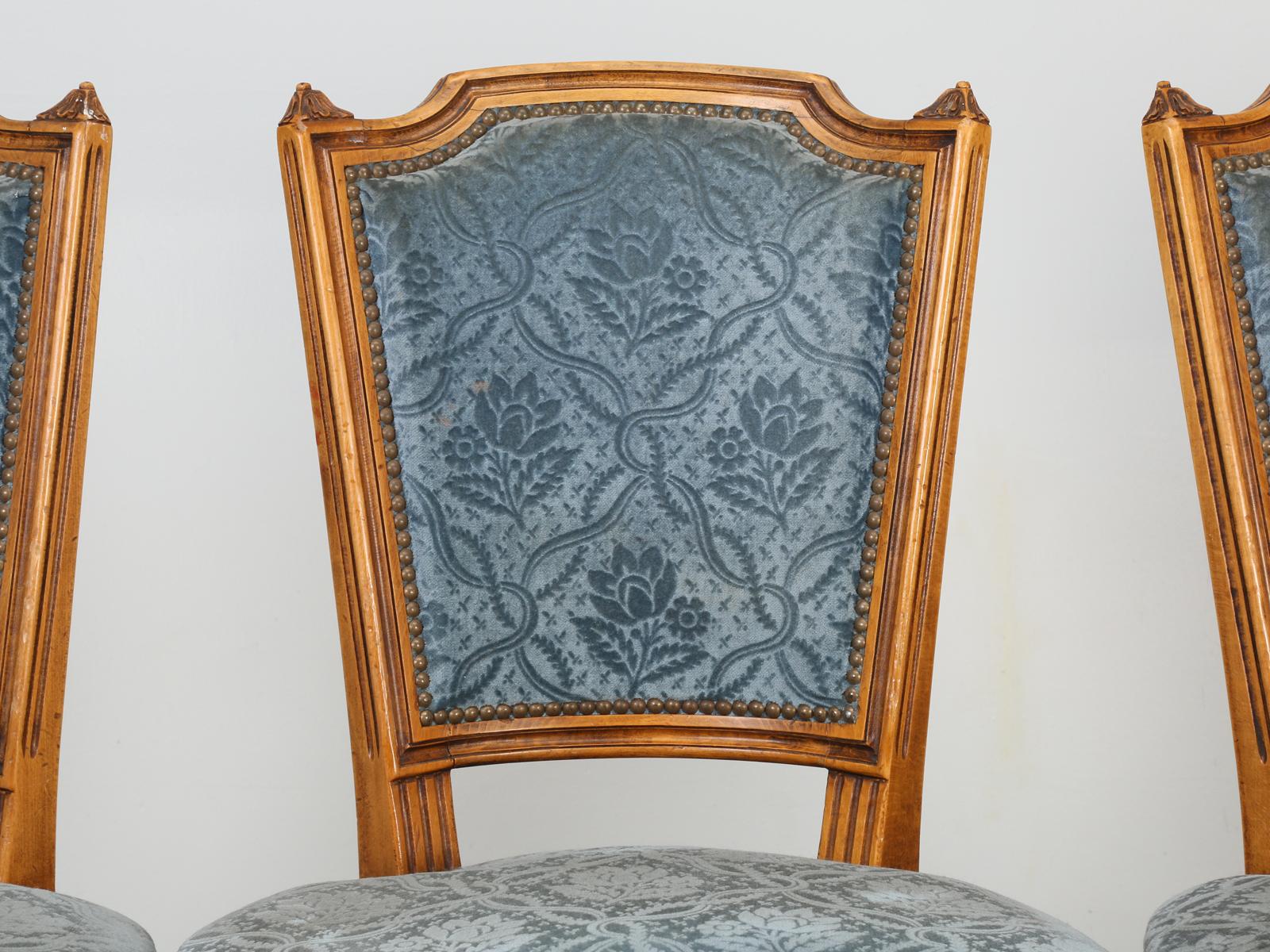 French Louis XVI style dining chairs in their original finish with rather dirty old fabric. Structurally fine, but will require new fabric covering.