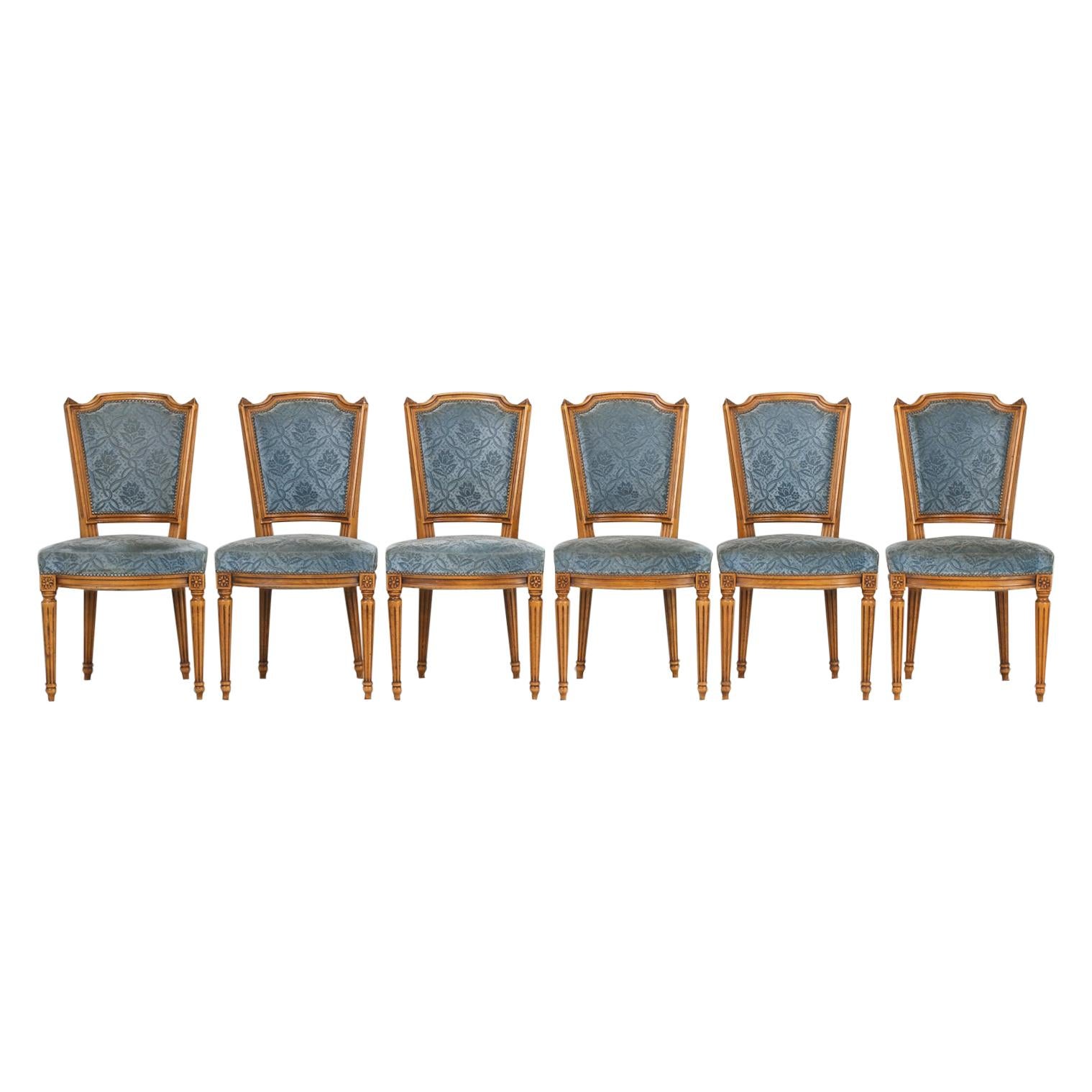 Vintage Set of Six Louis XVI Style Dining Side Chairs in Old Fabric