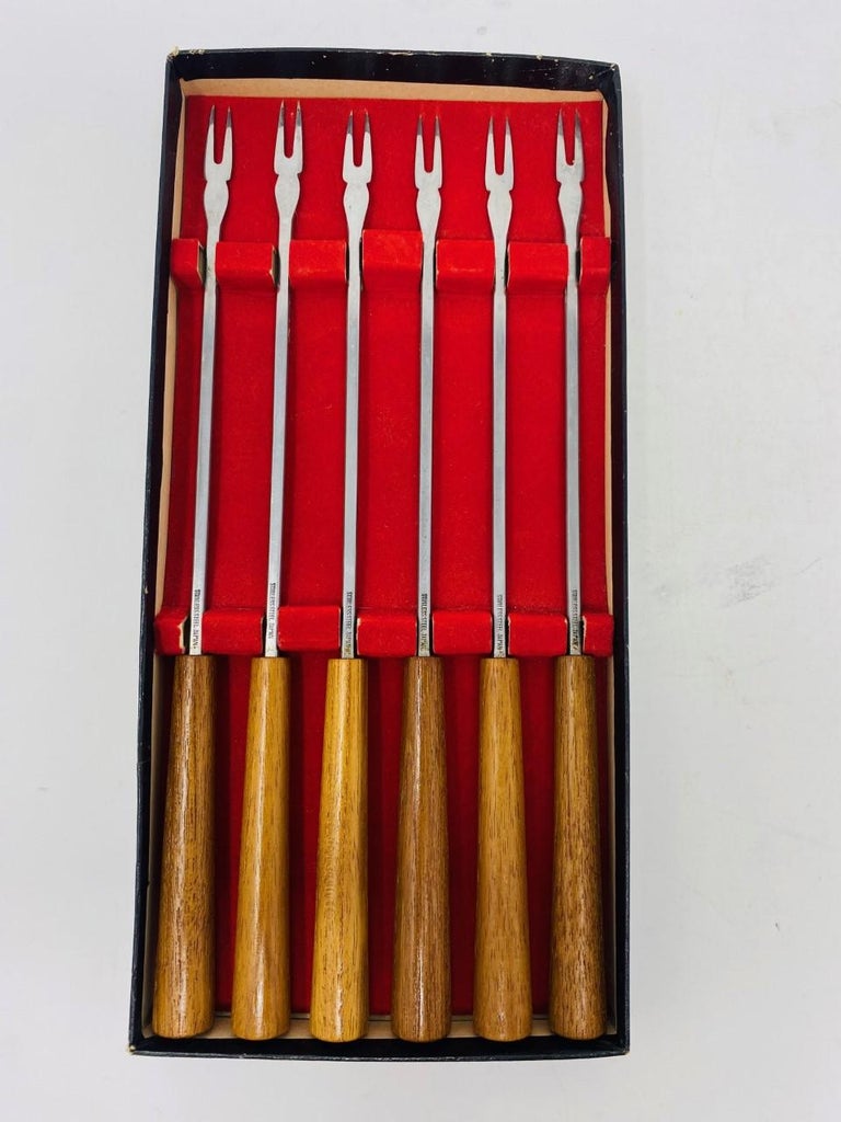 Vintage Set of Six MCM Walnut and Stainless Steel Fondue Forks Japan