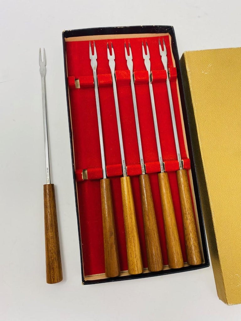Vintage Set of Six MCM Walnut and Stainless Steel Fondue Forks Japan