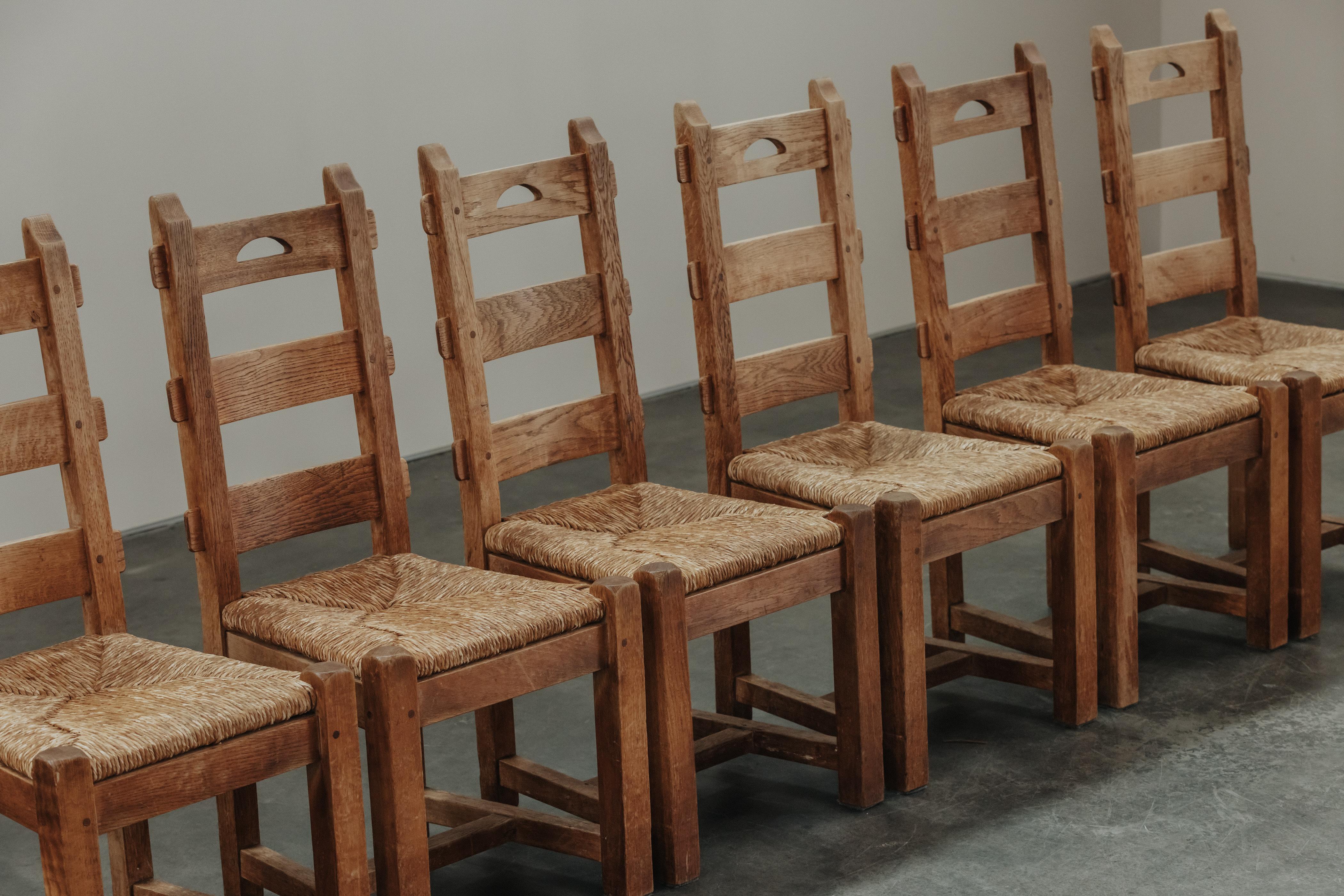 European Vintage Set Of Six Oak Dining Chairs From France, Circa 1960 For Sale