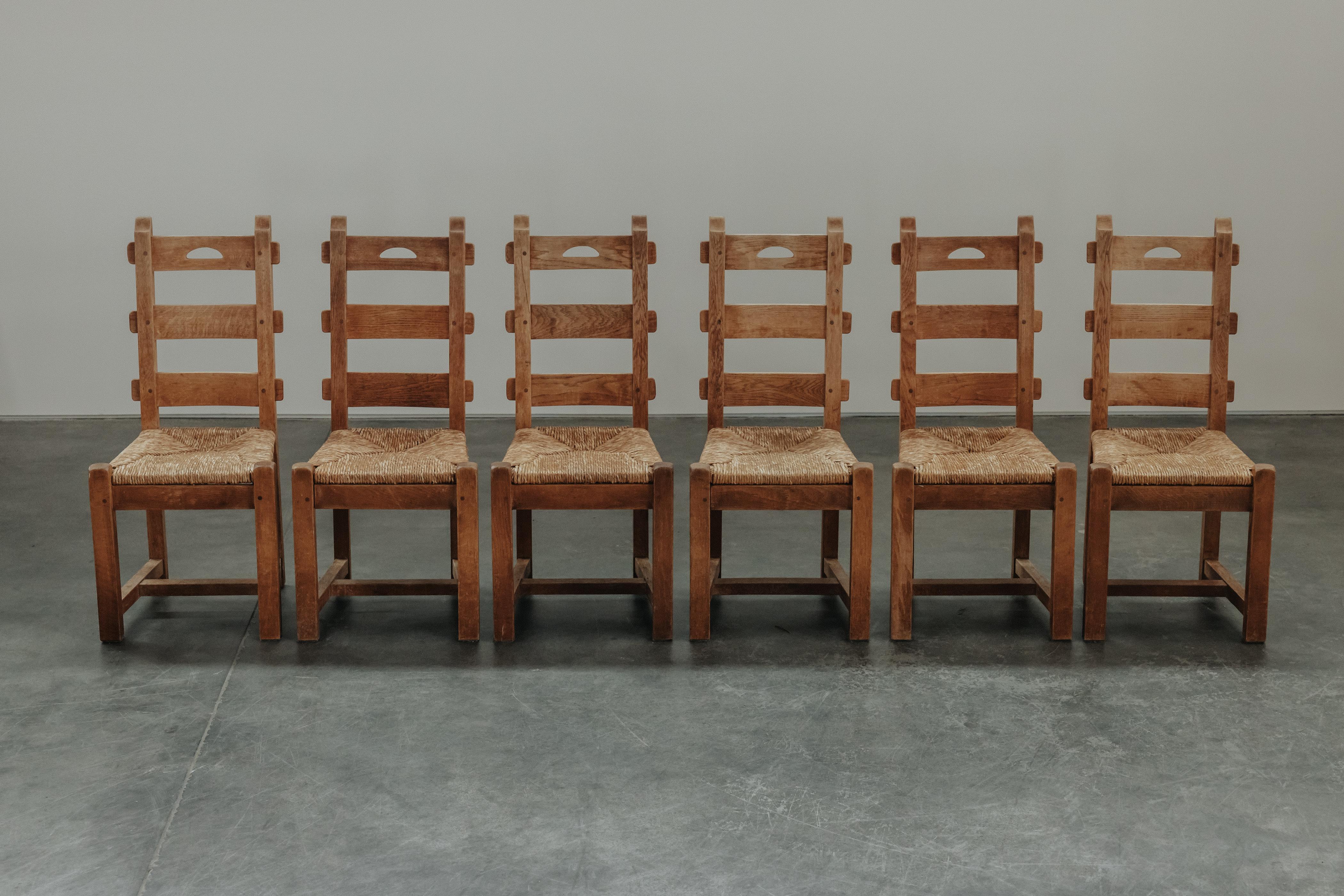 Vintage Set Of Six Oak Dining Chairs From France, Circa 1960 For Sale