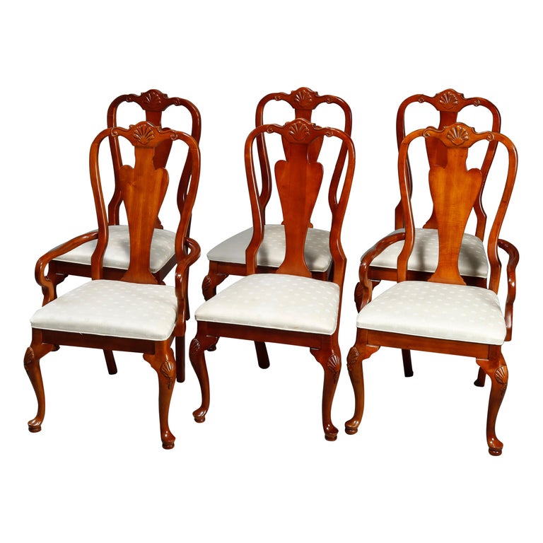 Vintage Set of Six Queen Anne Style Carved Cherry Dining Room Chairs
