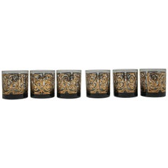 Retro Set of Six Rock Glasses Black and Gold, Georges Briard