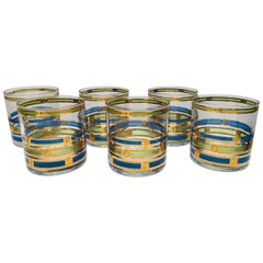 Retro Set of Six Rock Glasses Blue, Green and Gold by Georges Briard