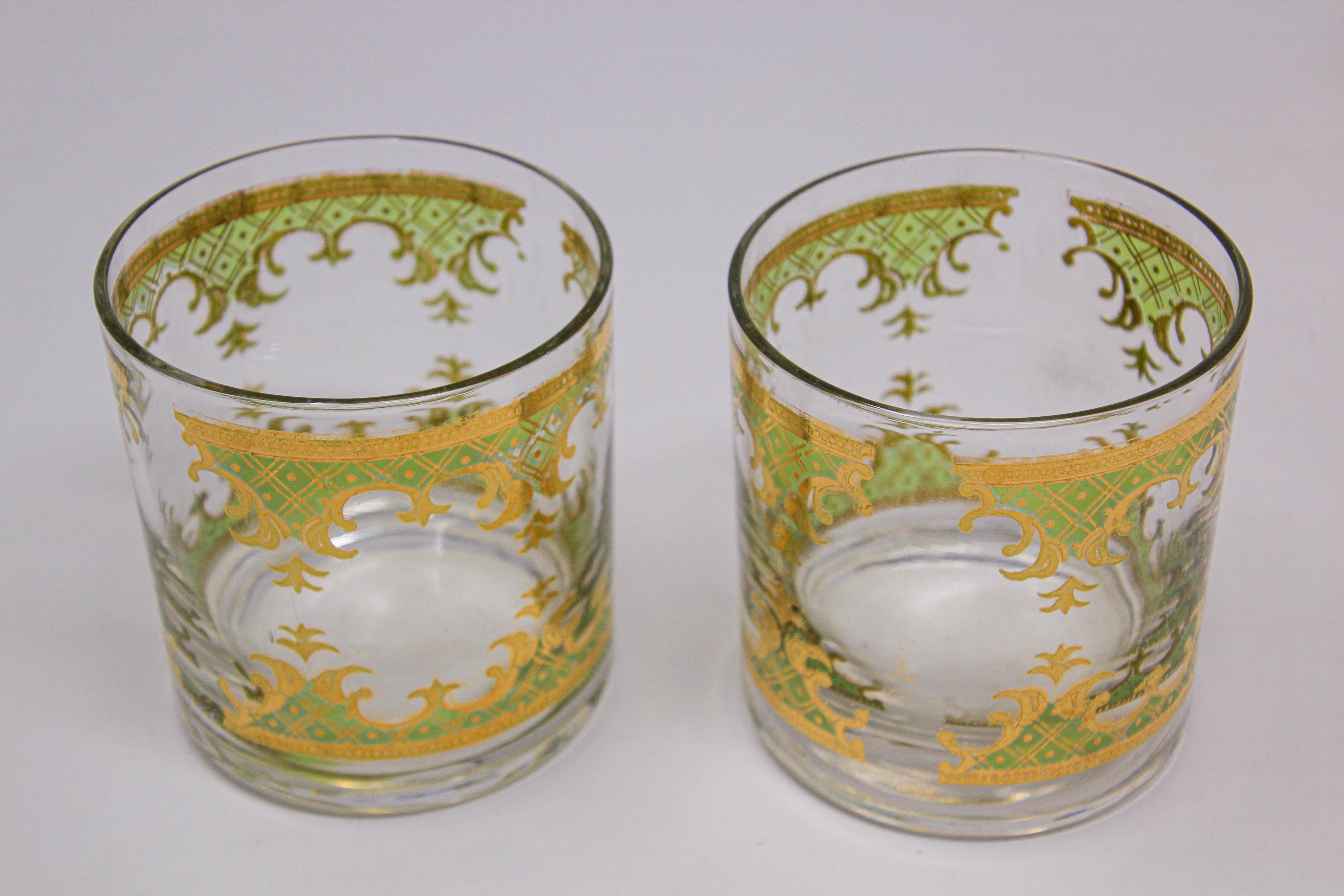 American Vintage Georges Briard Set of Six Rock Glasses Green and Gold 