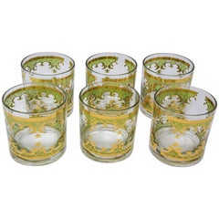 Vintage Georges Briard Set of Six Rock Glasses Green and Gold 