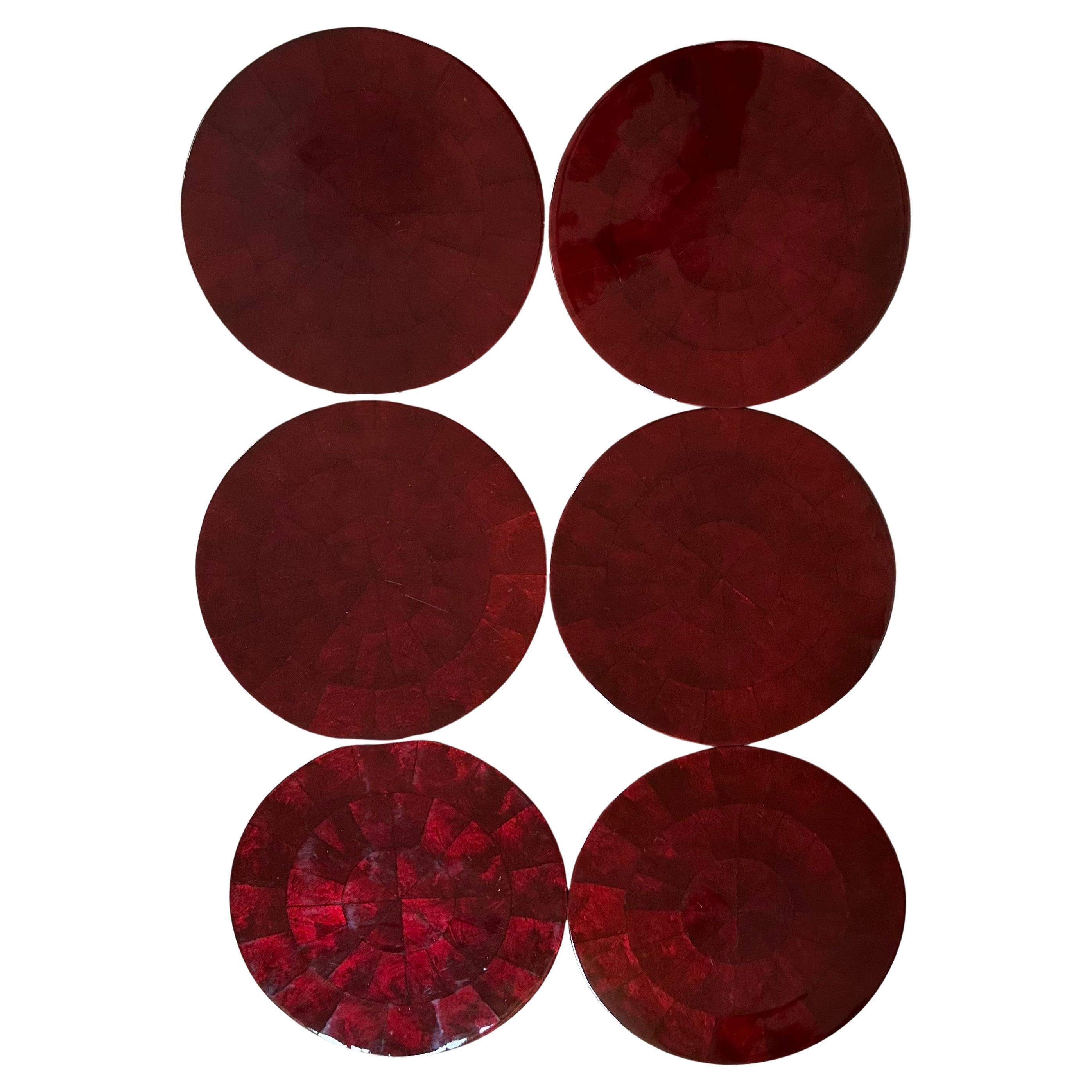 Vintage Set of Six Round Cabernet Red Pens Shell Placemats by Kim Seybert NYC For Sale