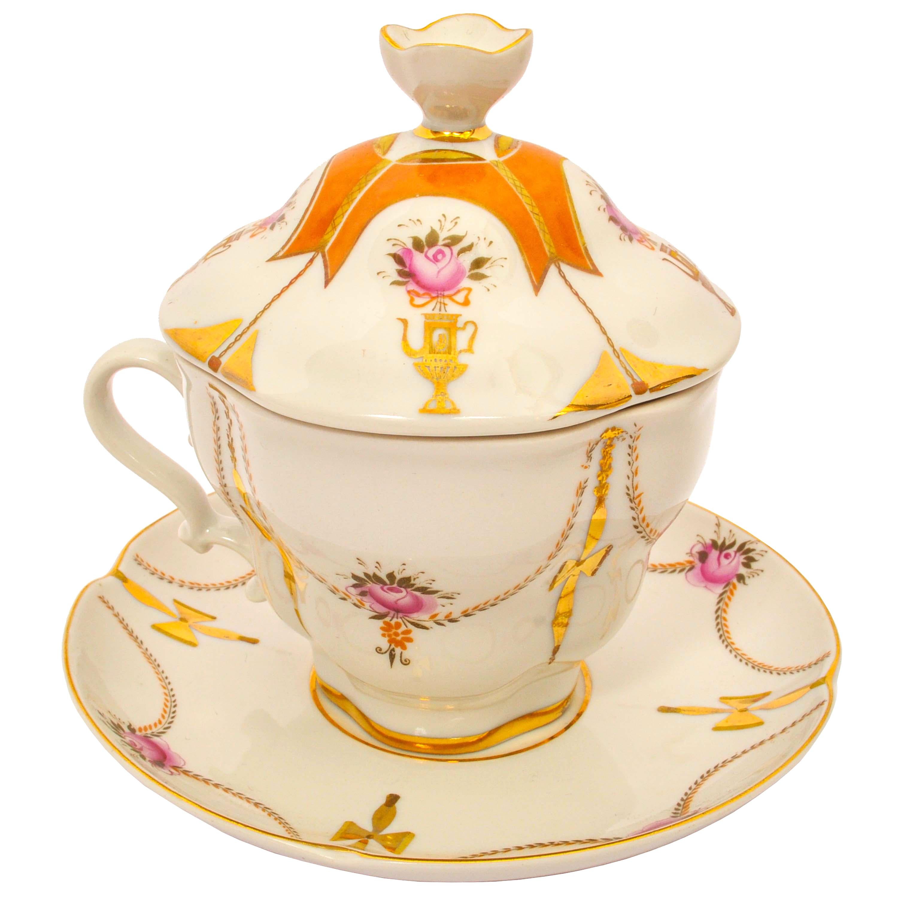 Baltic Vintage Six Russian Imperial Lomonosov Gilt Porcelain Covered Tea Set Cups 1930s For Sale