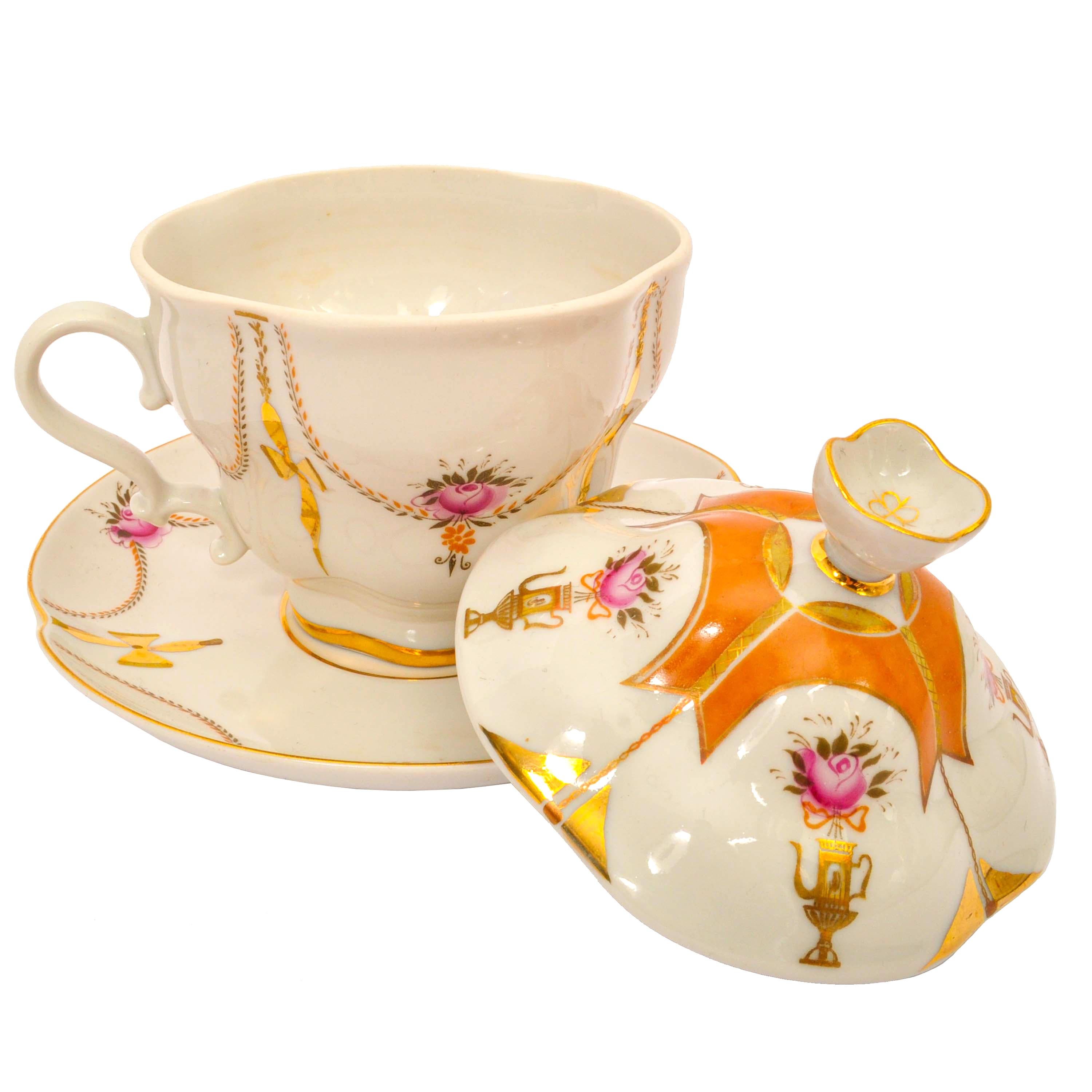 Mid-20th Century Vintage Six Russian Imperial Lomonosov Gilt Porcelain Covered Tea Set Cups 1930s For Sale