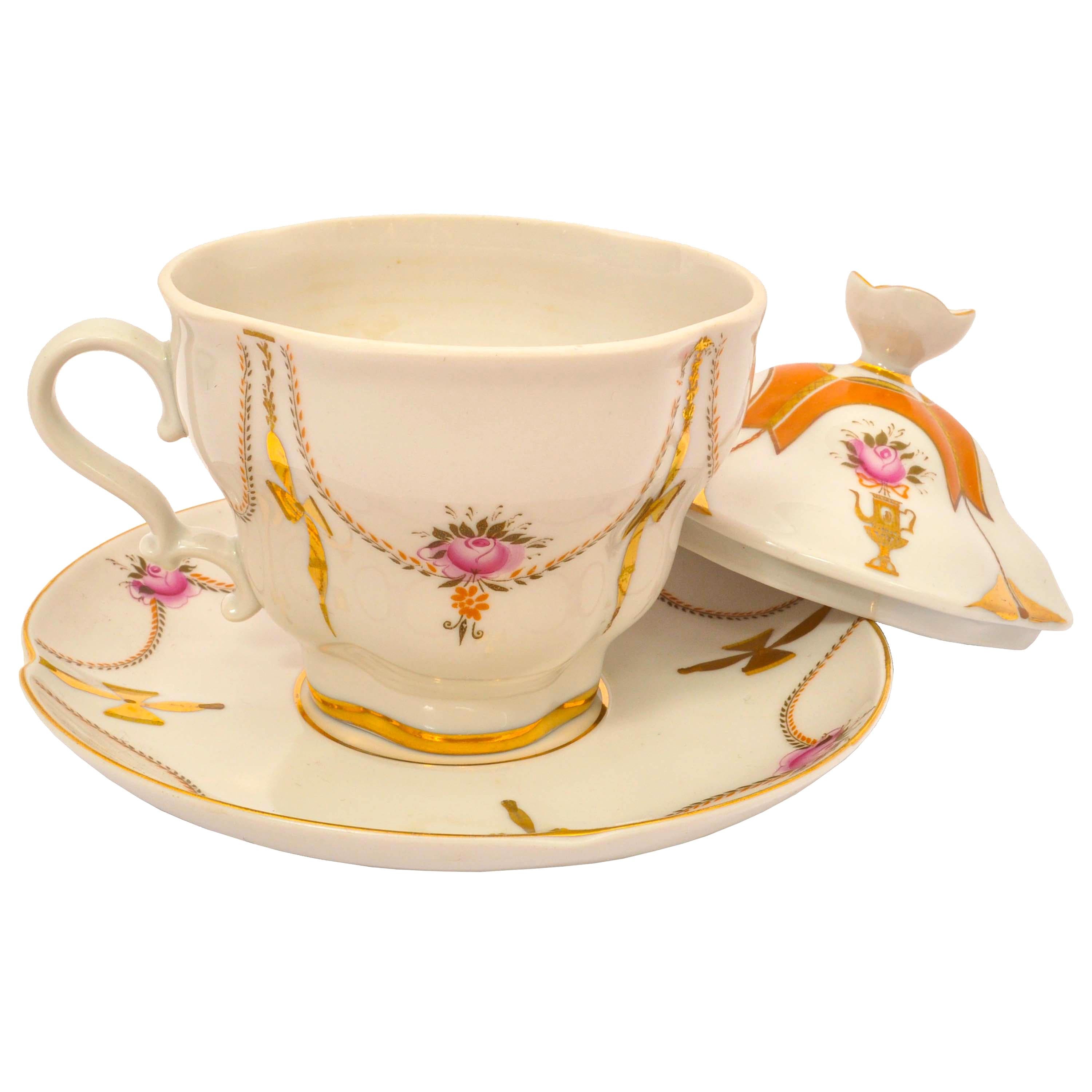 Vintage Six Russian Imperial Lomonosov Gilt Porcelain Covered Tea Set Cups 1930s For Sale 1