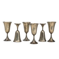 Vintage Set of Six Sculptural Pewter Goblets with Flared Rims