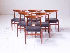 Vintage Set of Six Signed Hans J. Wegner "W2" Chairs in Teak & Vinyl, 1950s
