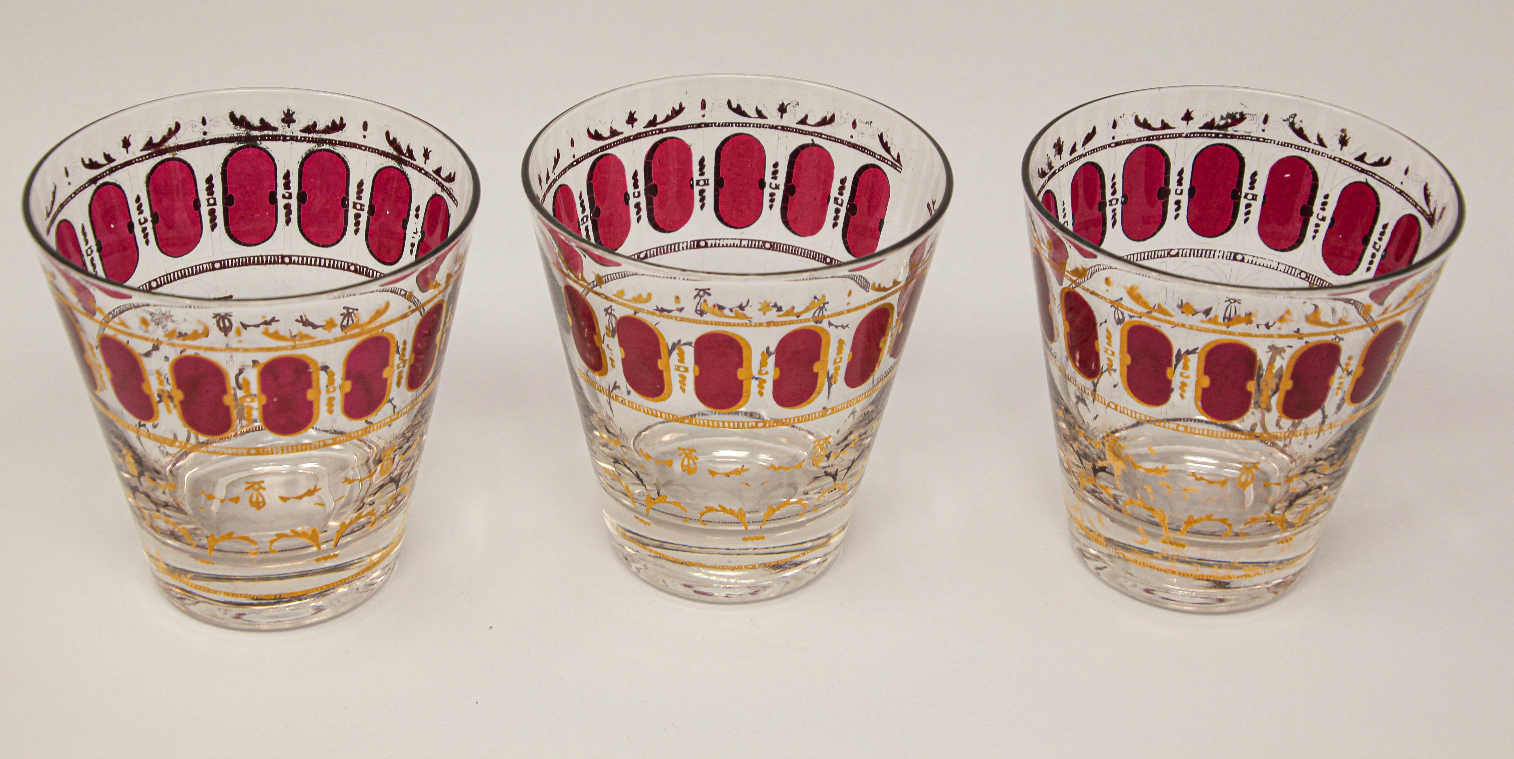 American Vintage Set of Six Culver Glasses with 22-Karat Gold and Red Moorish Design