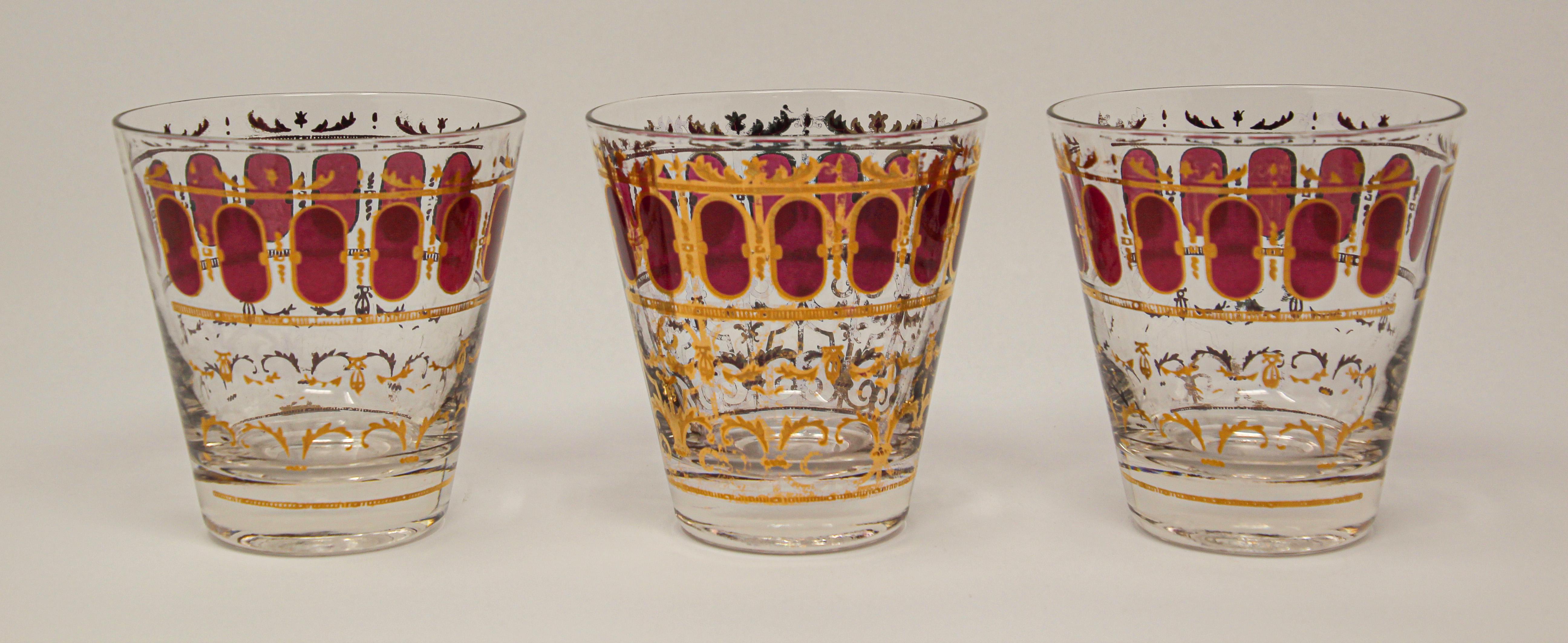 Hand-Painted Vintage Set of Six Culver Glasses with 22-Karat Gold and Red Moorish Design