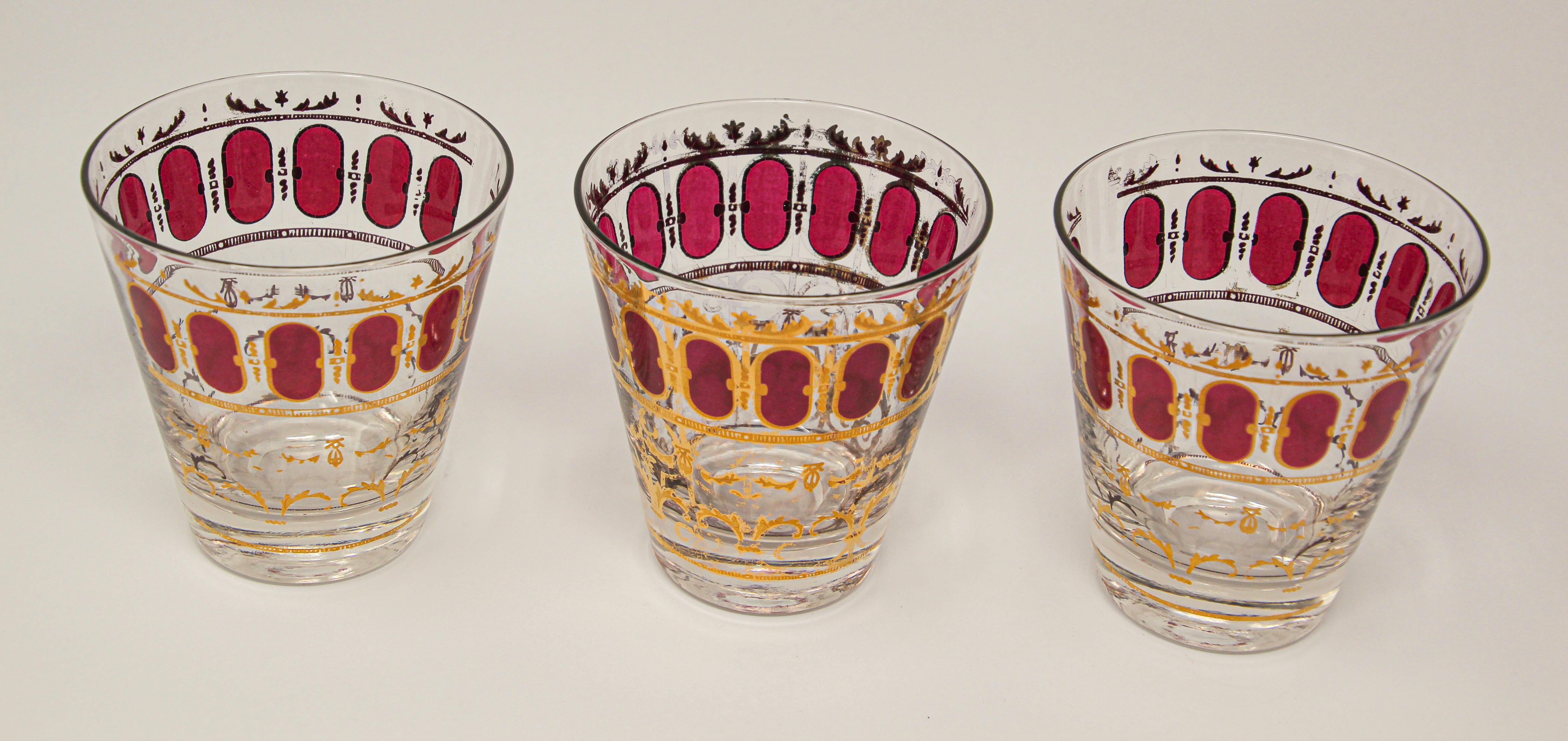 Vintage Set of Six Culver Glasses with 22-Karat Gold and Red Moorish Design In Fair Condition In North Hollywood, CA