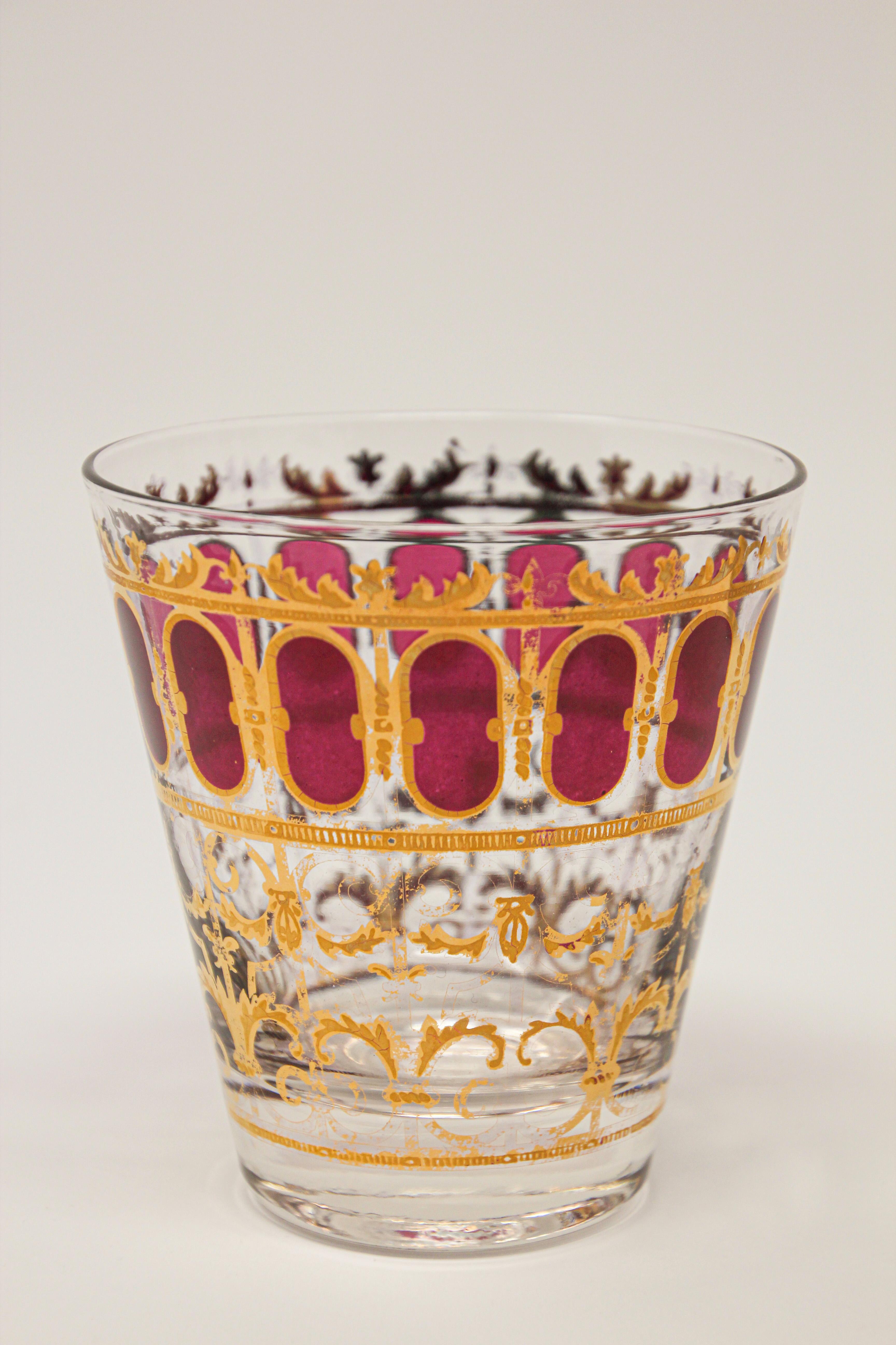 20th Century Vintage Set of Six Culver Glasses with 22-Karat Gold and Red Moorish Design