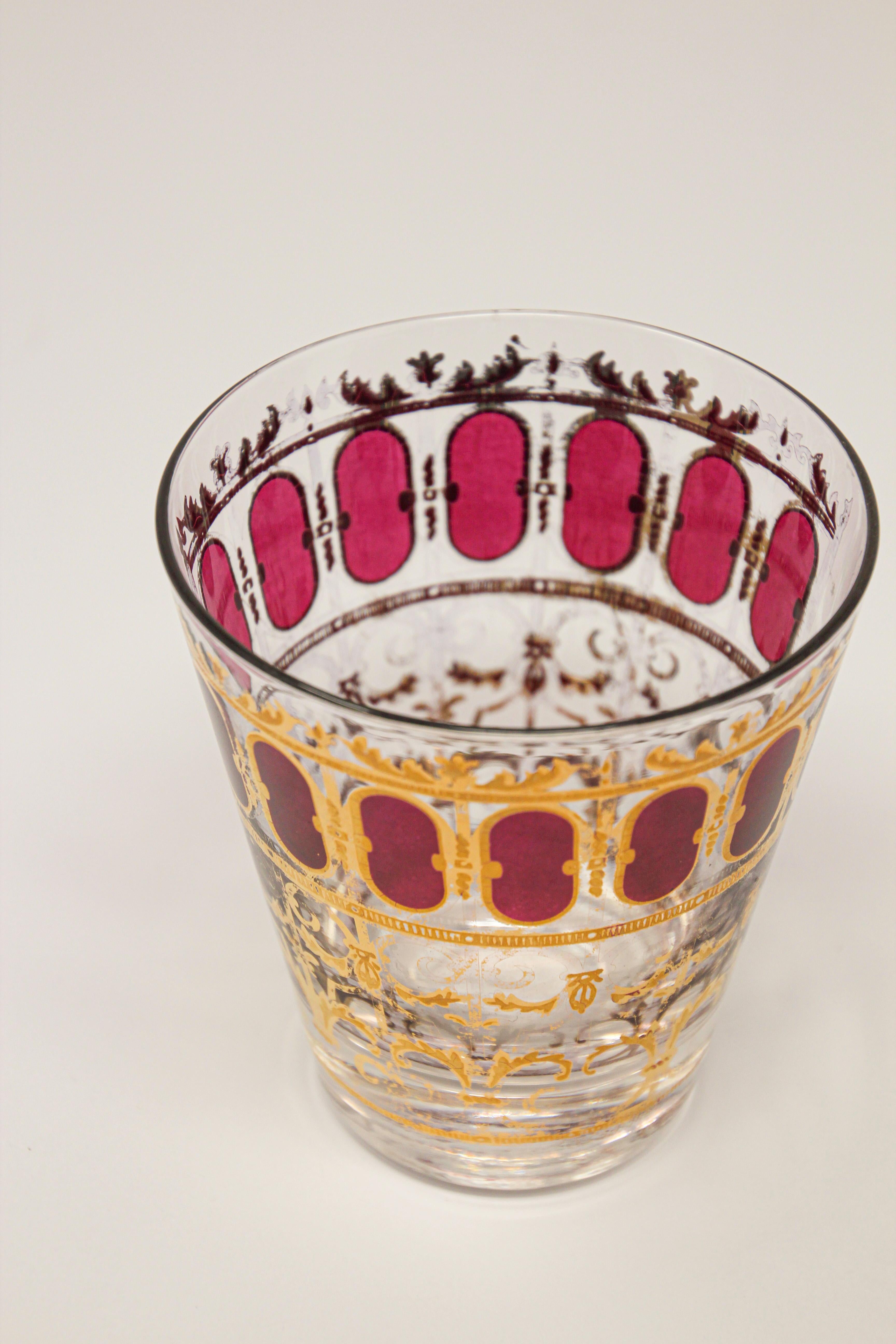 Vintage Set of Six Culver Glasses with 22-Karat Gold and Red Moorish Design 1