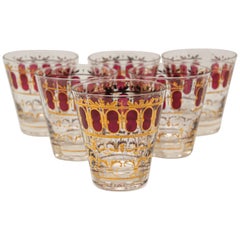 Vieille série de six verres à pied avec or 22 carats et motifs mauresques rouges