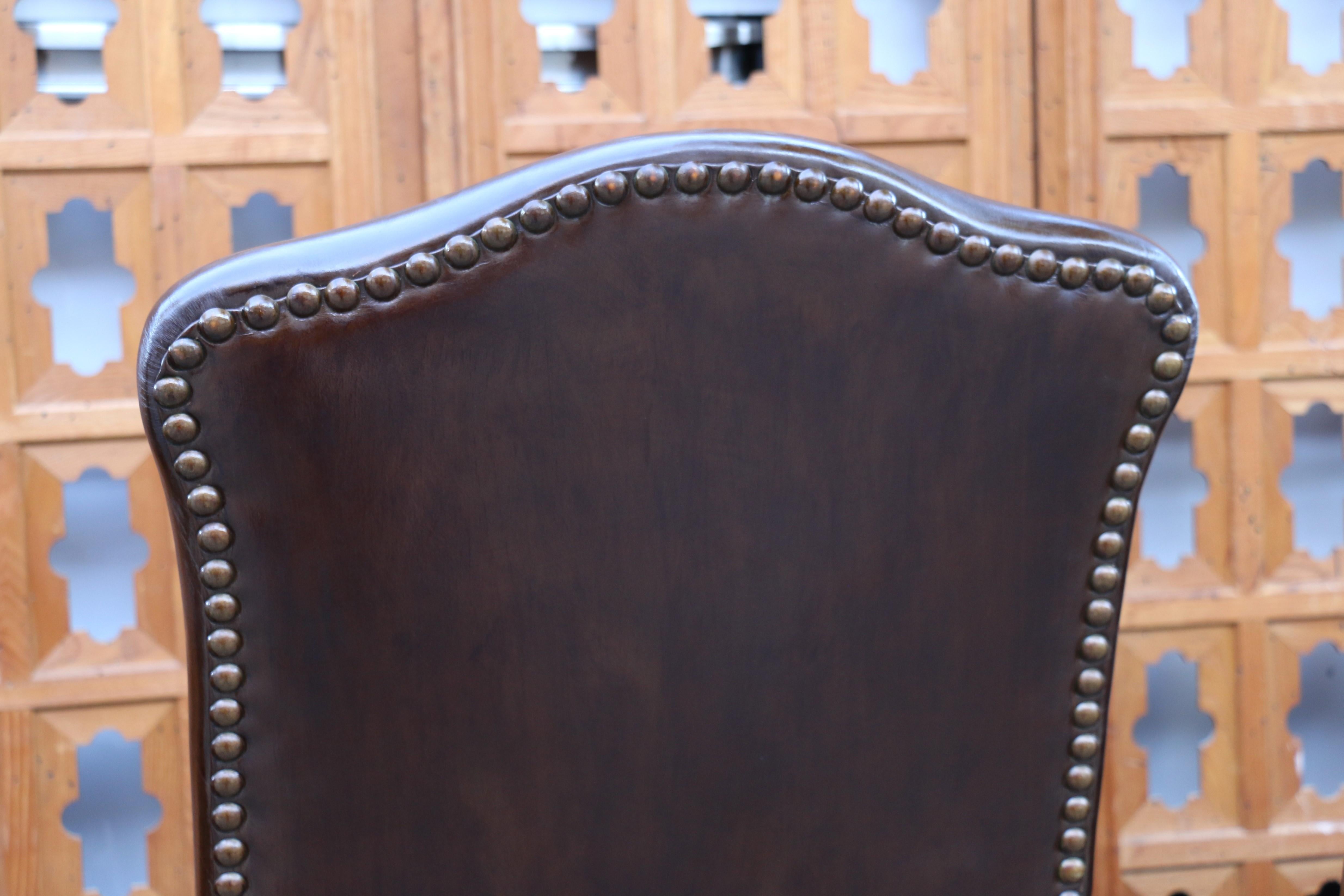 Vintage Set of Ten Brown Leather High Backs Dining Chairs For Sale 4