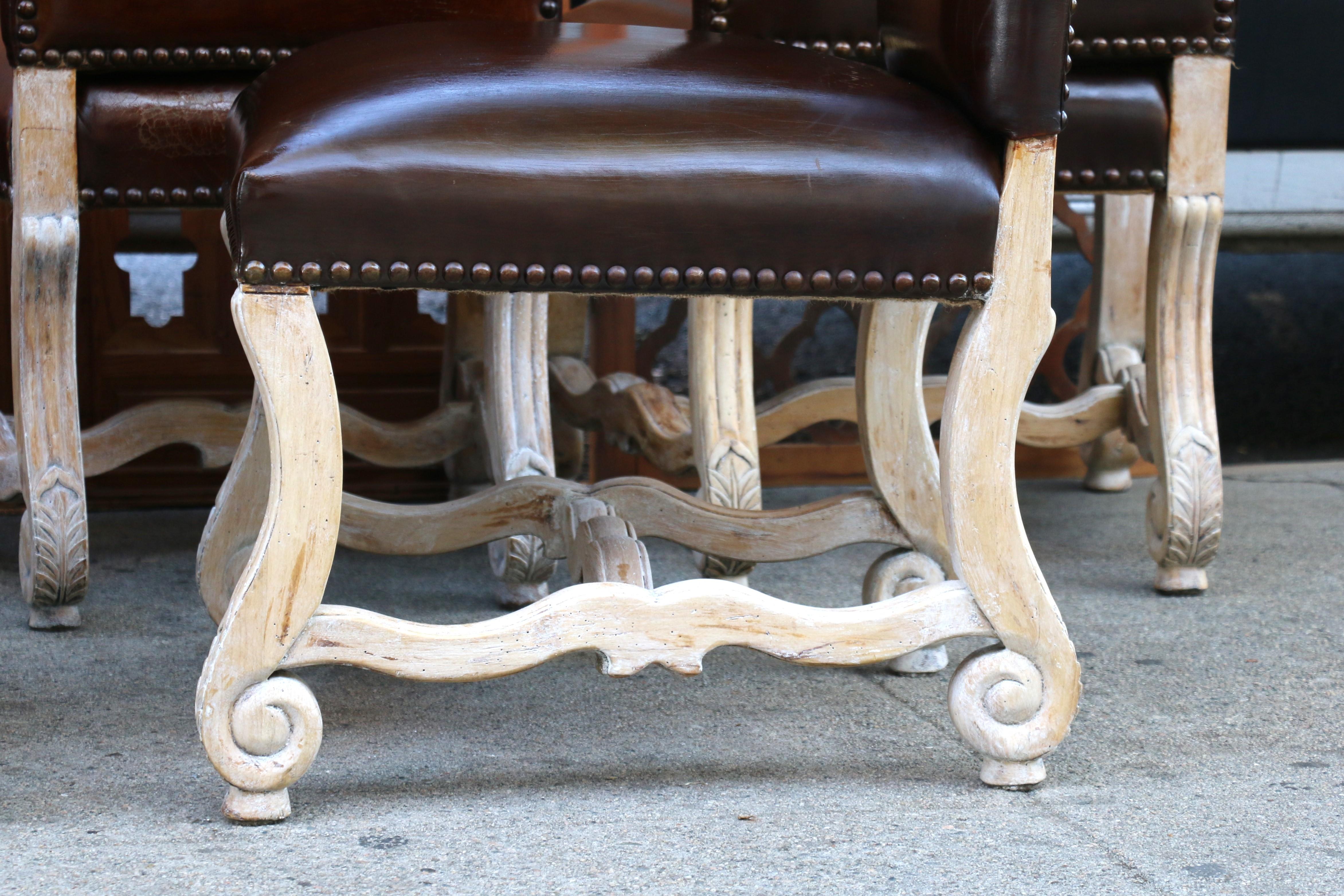 Vintage Set of Ten Brown Leather High Backs Dining Chairs For Sale 6
