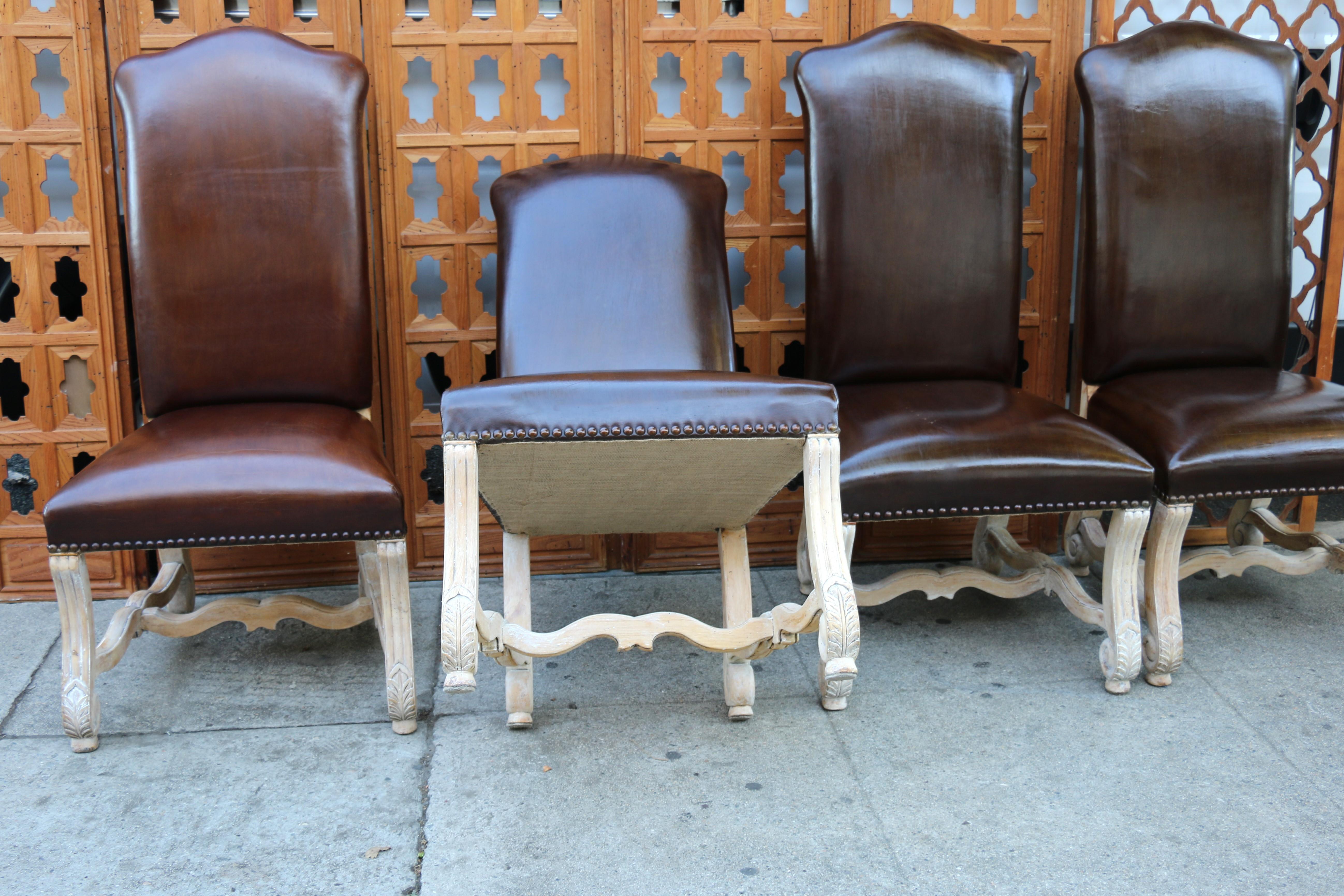 Vintage Set of Ten Brown Leather High Backs Dining Chairs For Sale 7