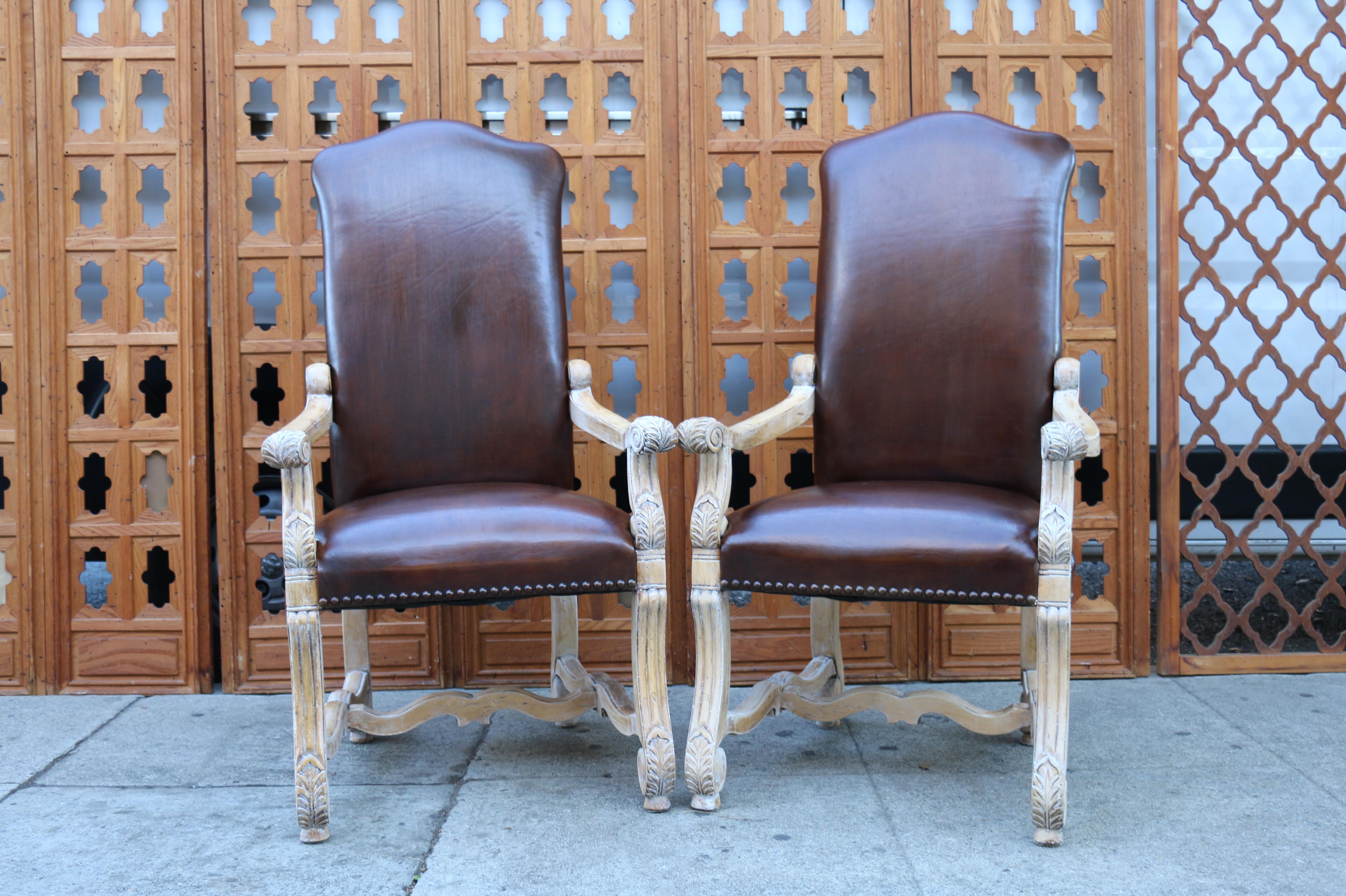 Vintage Set of Ten Brown Leather High Backs Dining Chairs For Sale 9