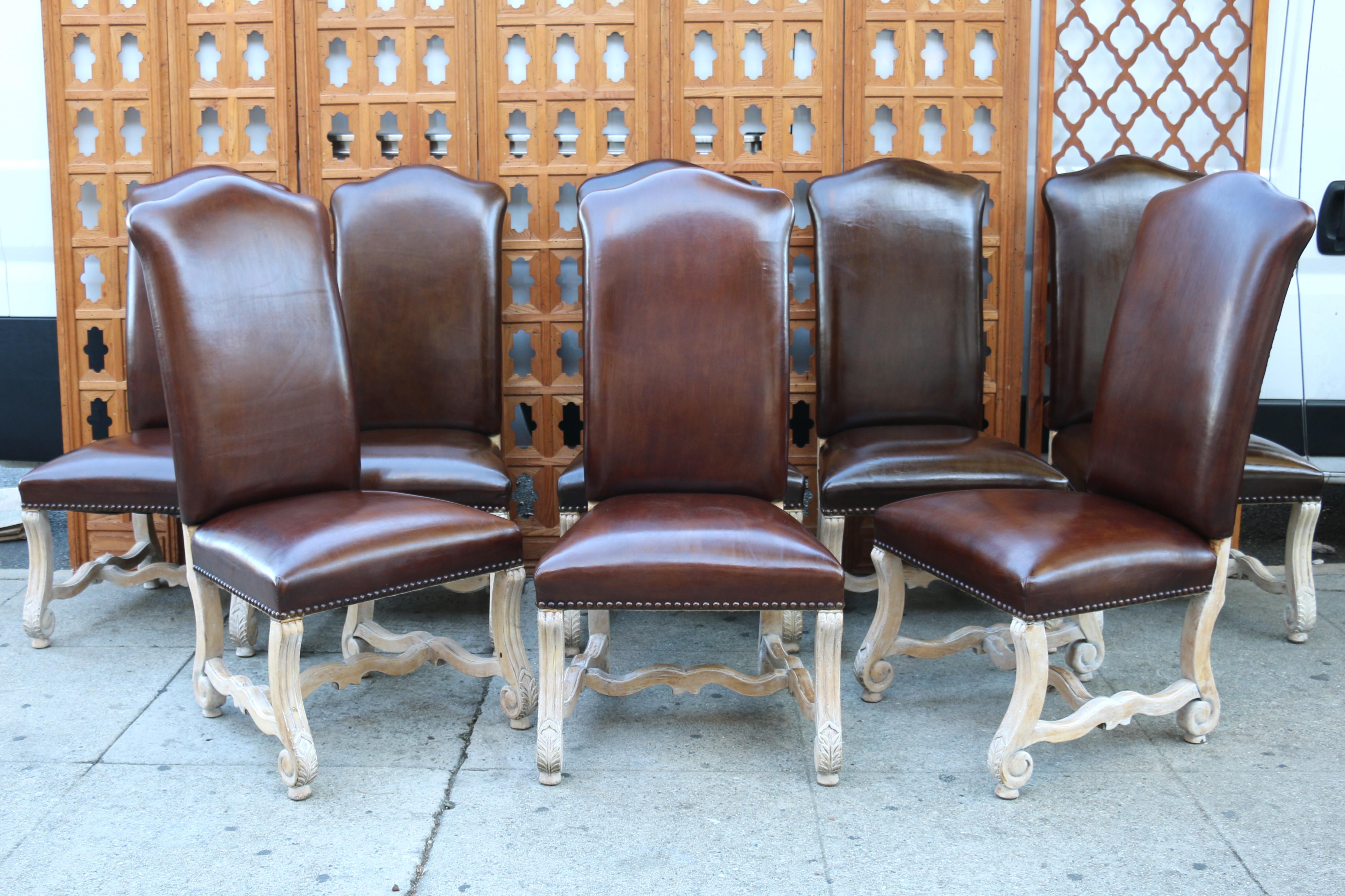 French Provincial Vintage Set of Ten Brown Leather High Backs Dining Chairs For Sale