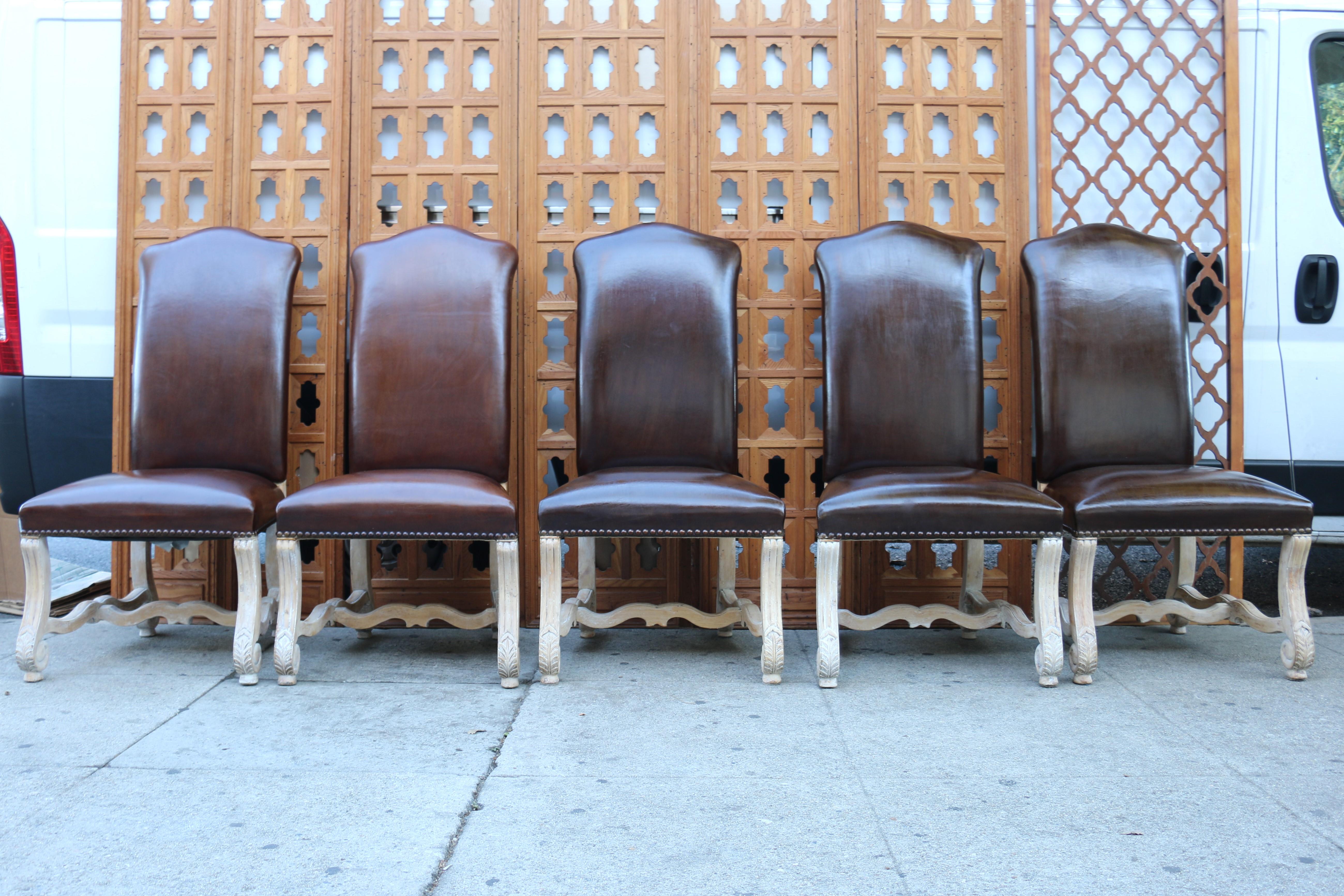 Italian Vintage Set of Ten Brown Leather High Backs Dining Chairs For Sale