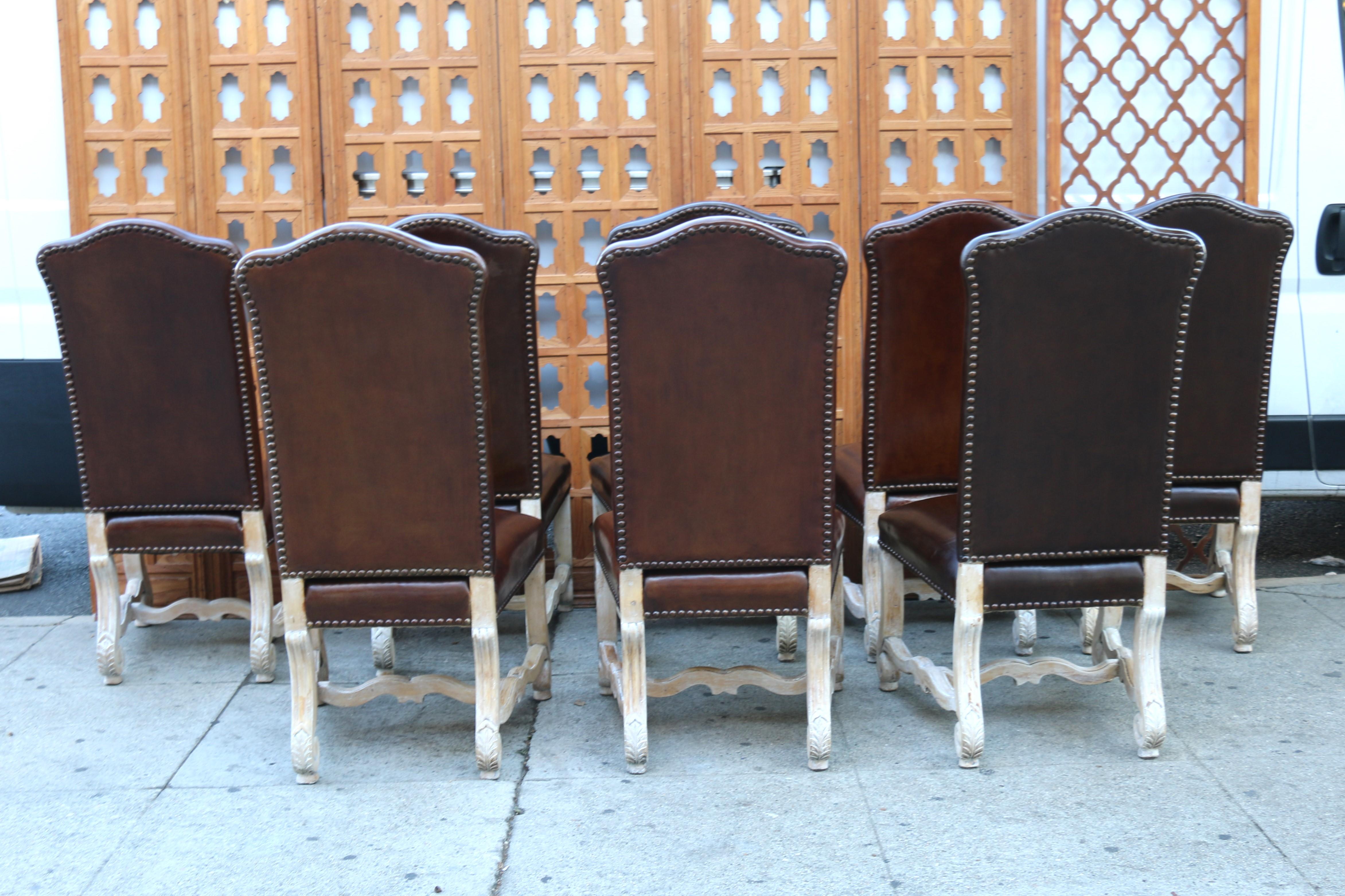 Vintage Set of Ten Brown Leather High Backs Dining Chairs In Good Condition For Sale In North Hollywood, CA