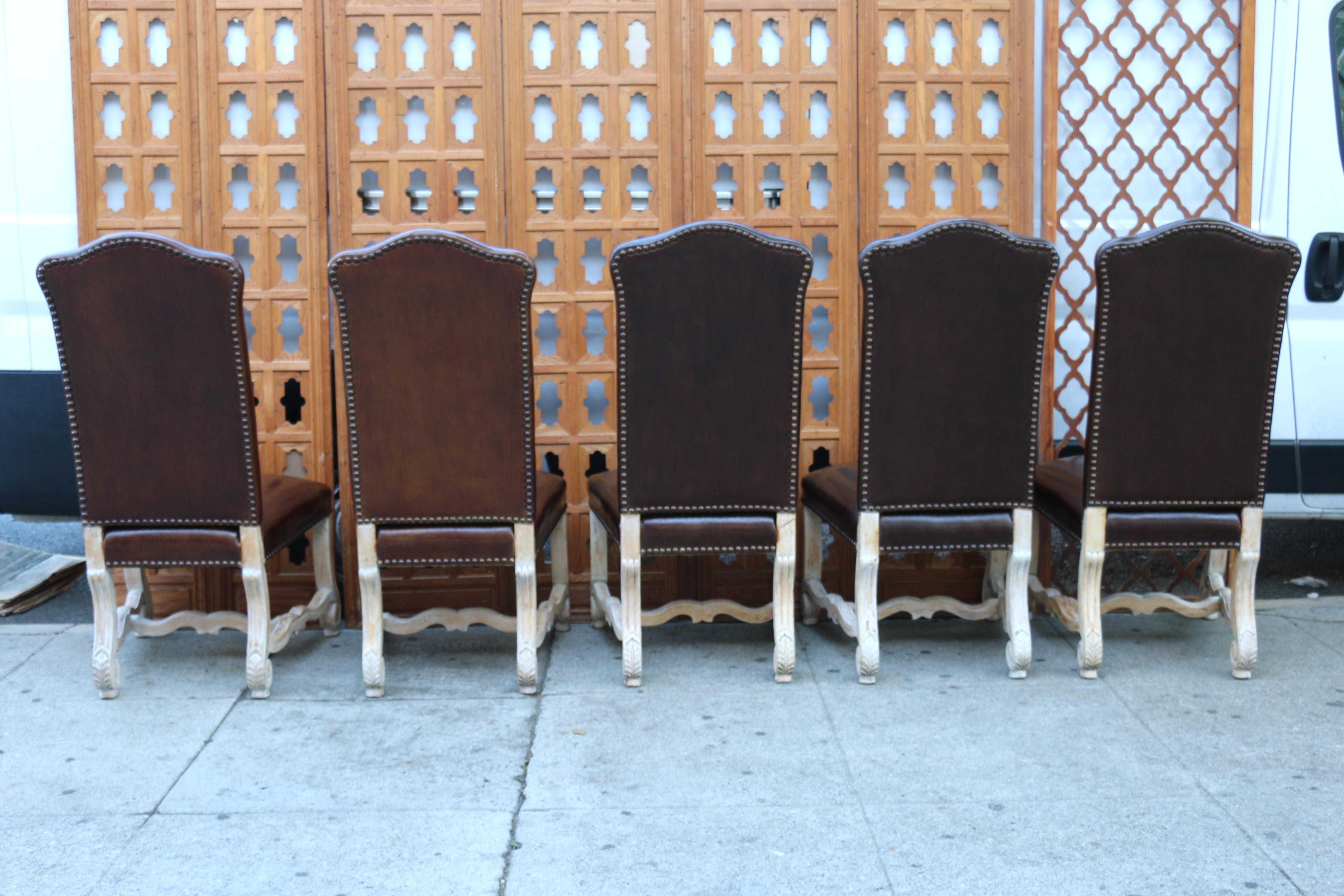 Early 20th Century Vintage Set of Ten Brown Leather High Backs Dining Chairs For Sale