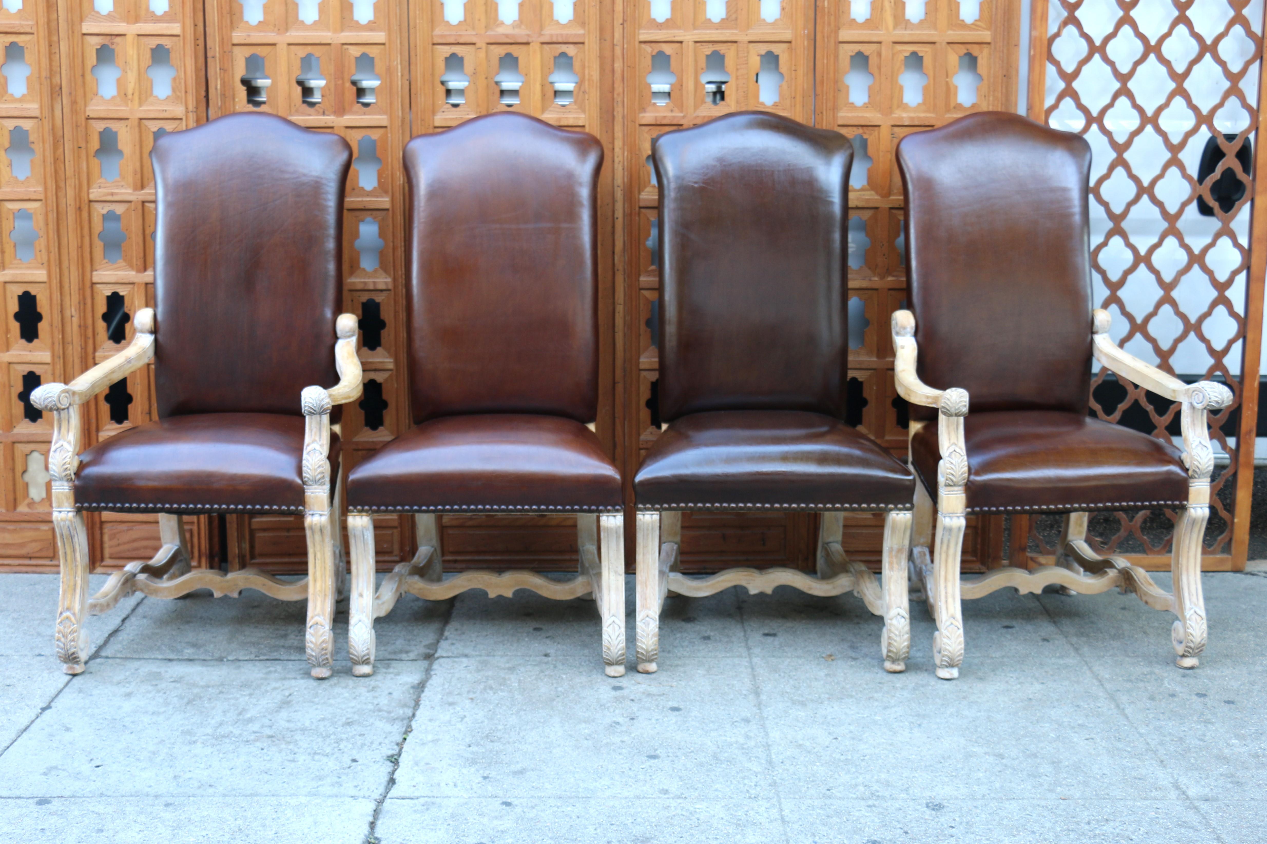 Vintage Set of Ten Brown Leather High Backs Dining Chairs For Sale 1