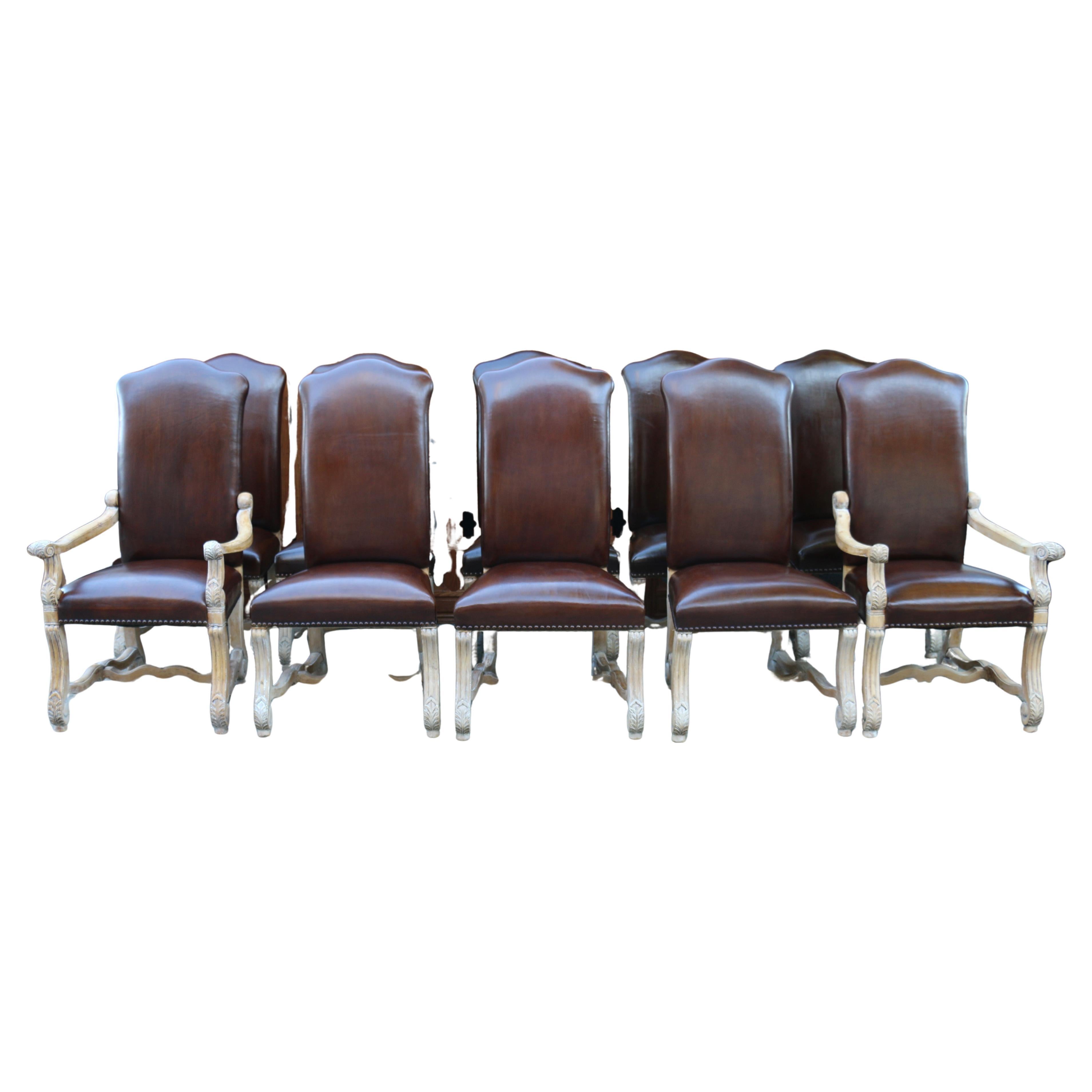 Vintage Set of Ten Brown Leather High Backs Dining Chairs
