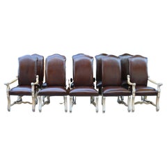 Vintage Set of Ten Brown Leather High Backs Dining Chairs