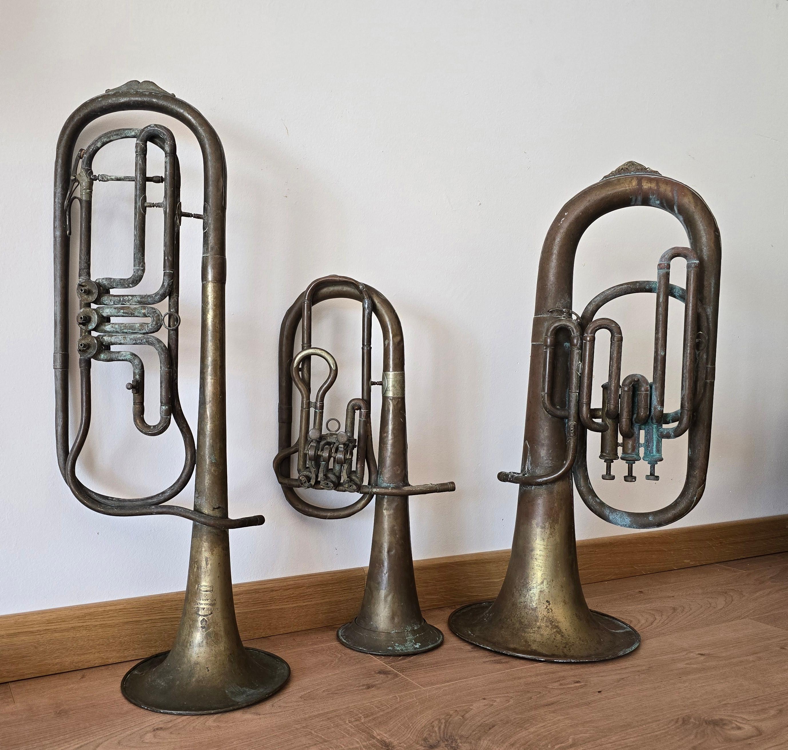 Vintage Set of Three 1940s Copper Trumpets - Antique Musical Instrument Collecti For Sale 7