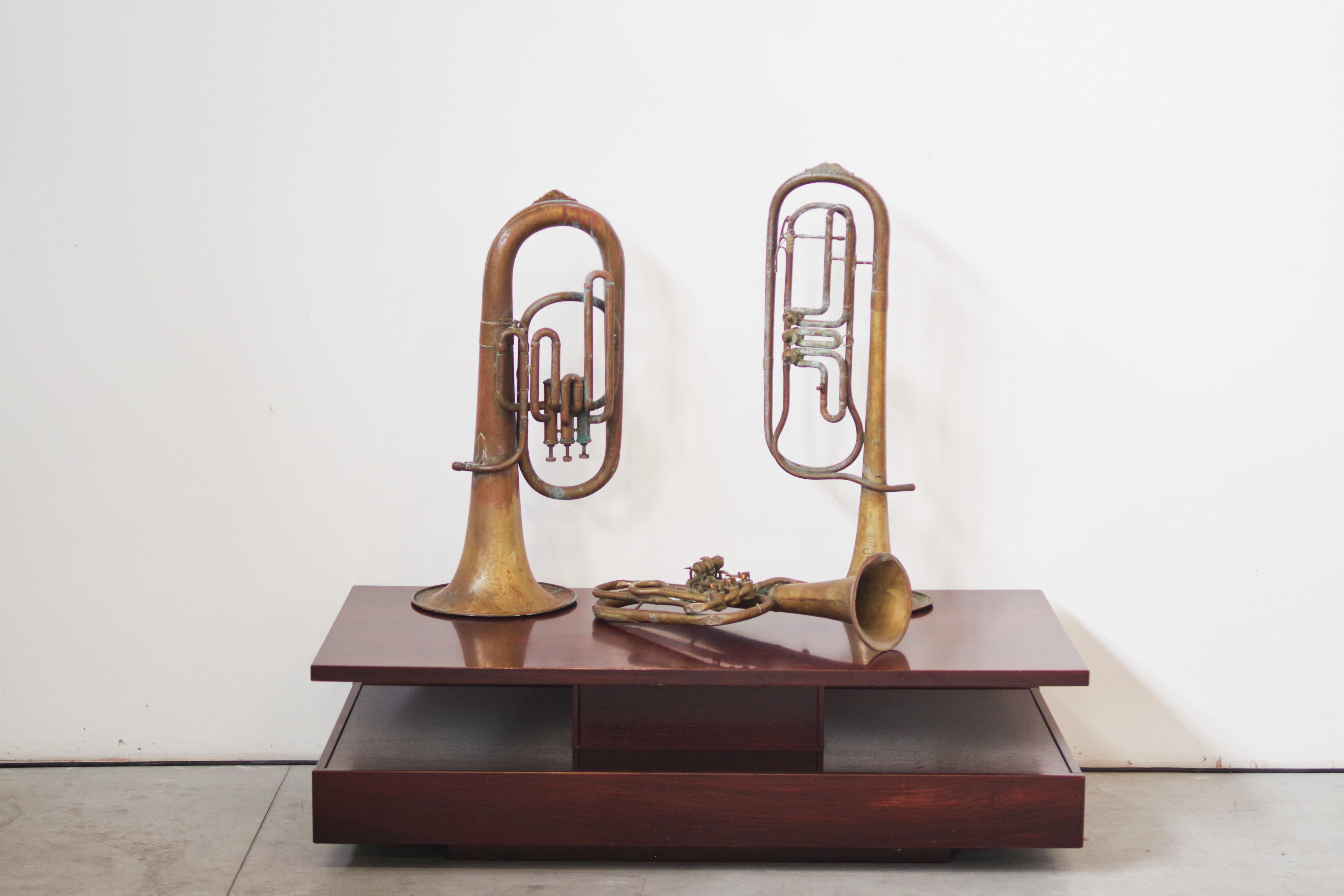 Italian Vintage Set of Three 1940s Copper Trumpets - Antique Musical Instrument Collecti For Sale
