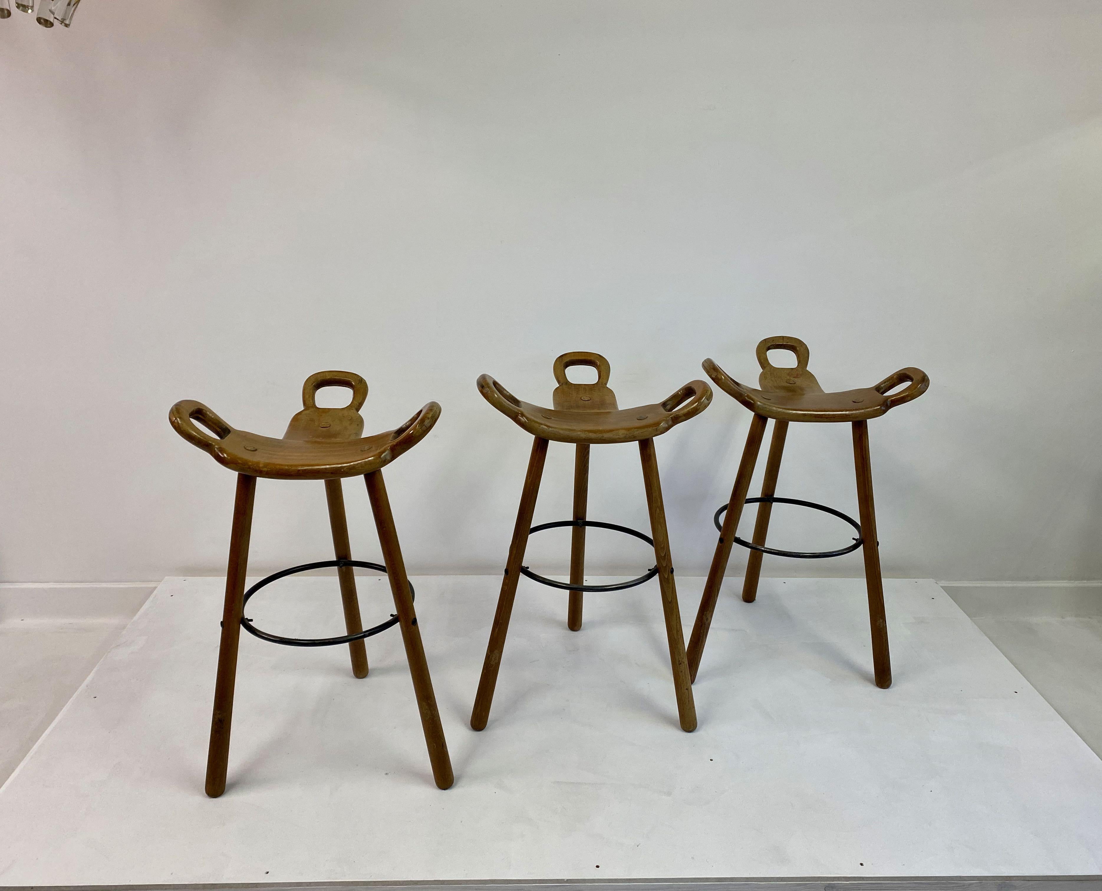 Mid-Century Modern Vintage Set of Three 1970s Spanish Brutalist or Marbella Stools