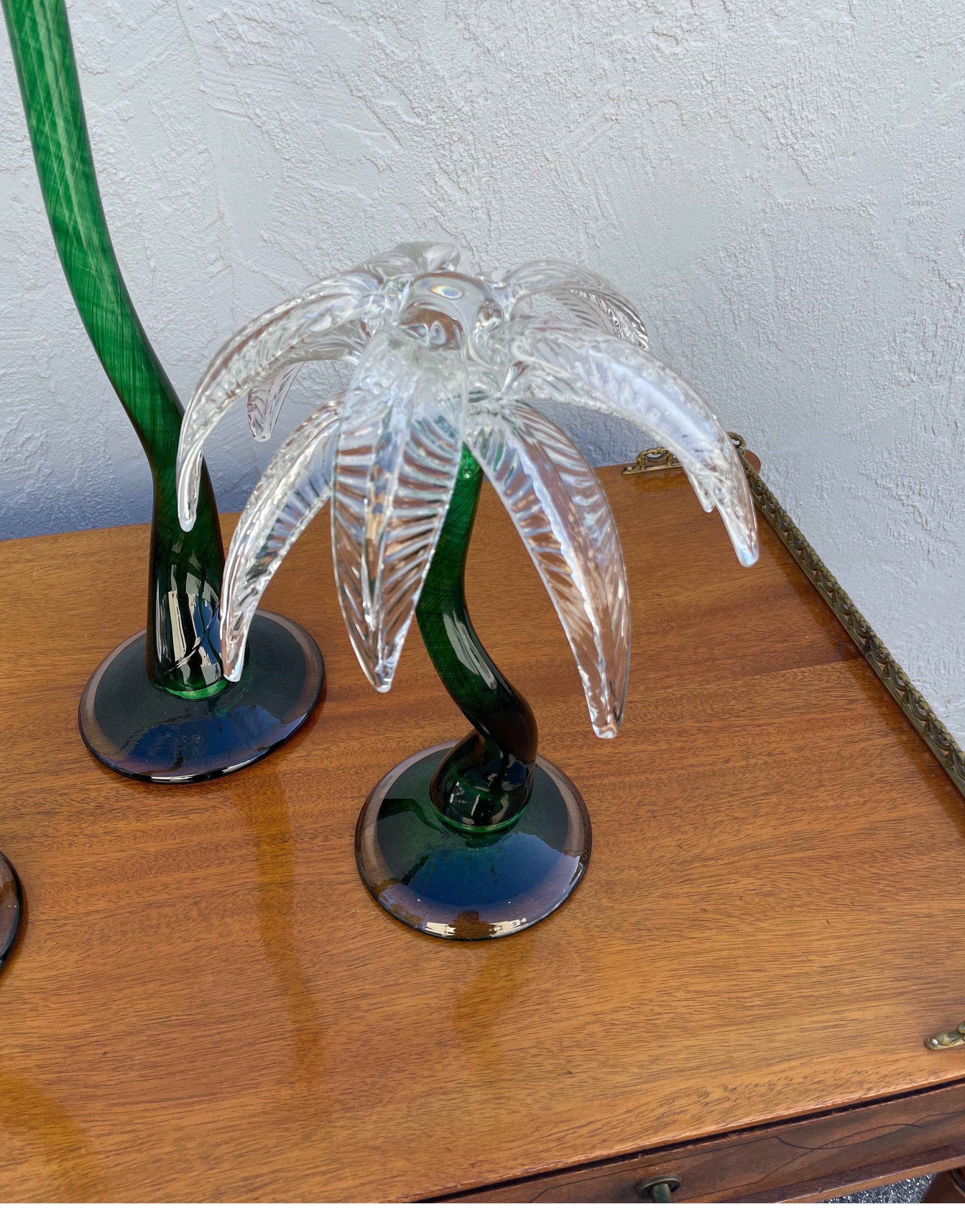 Set of three green and clear glass Palm Tree Sculptures. Largest is 12